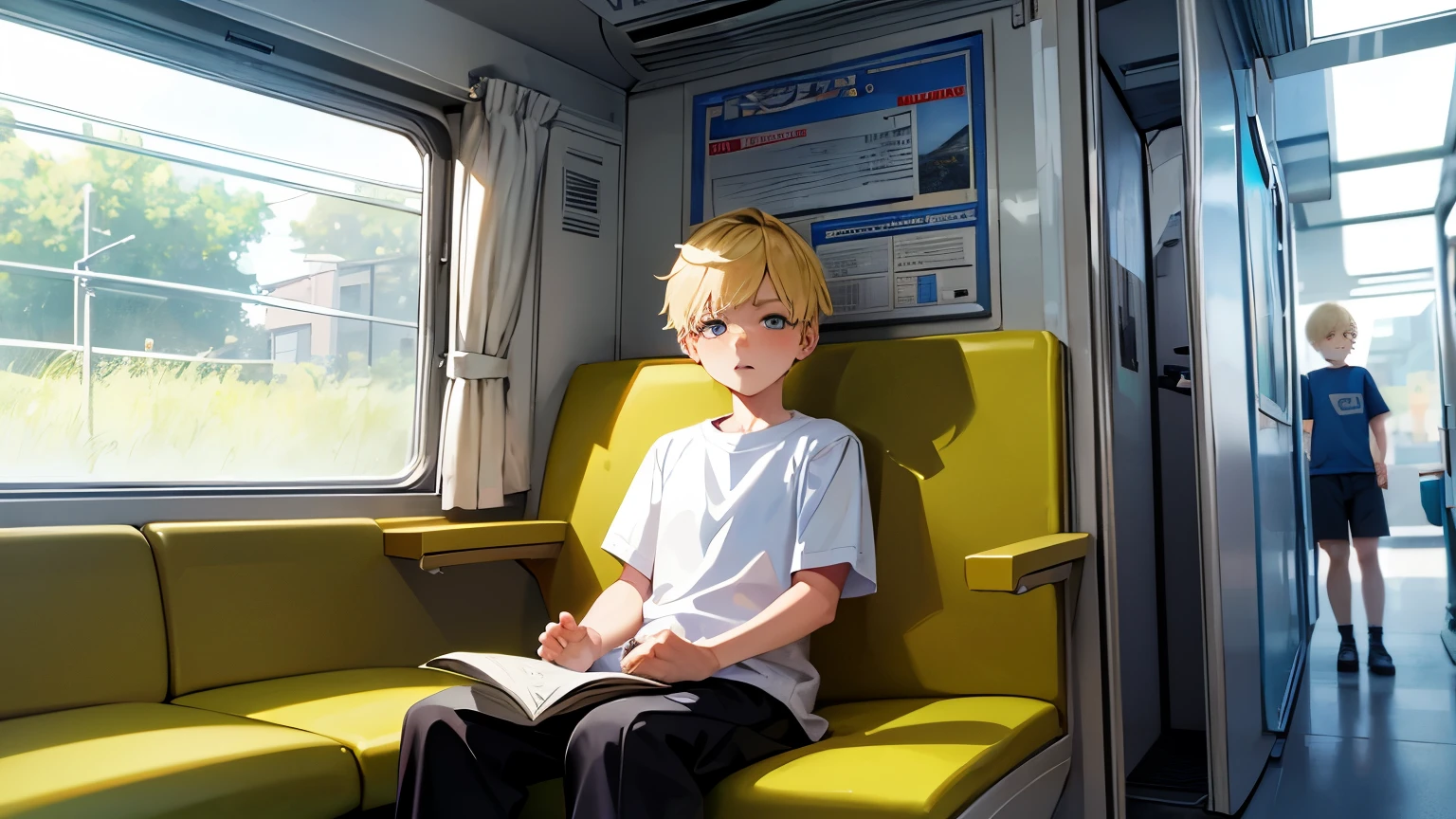 a blond boy of 12 years old in a white T-shirt sits in the carriage of a modern electric train