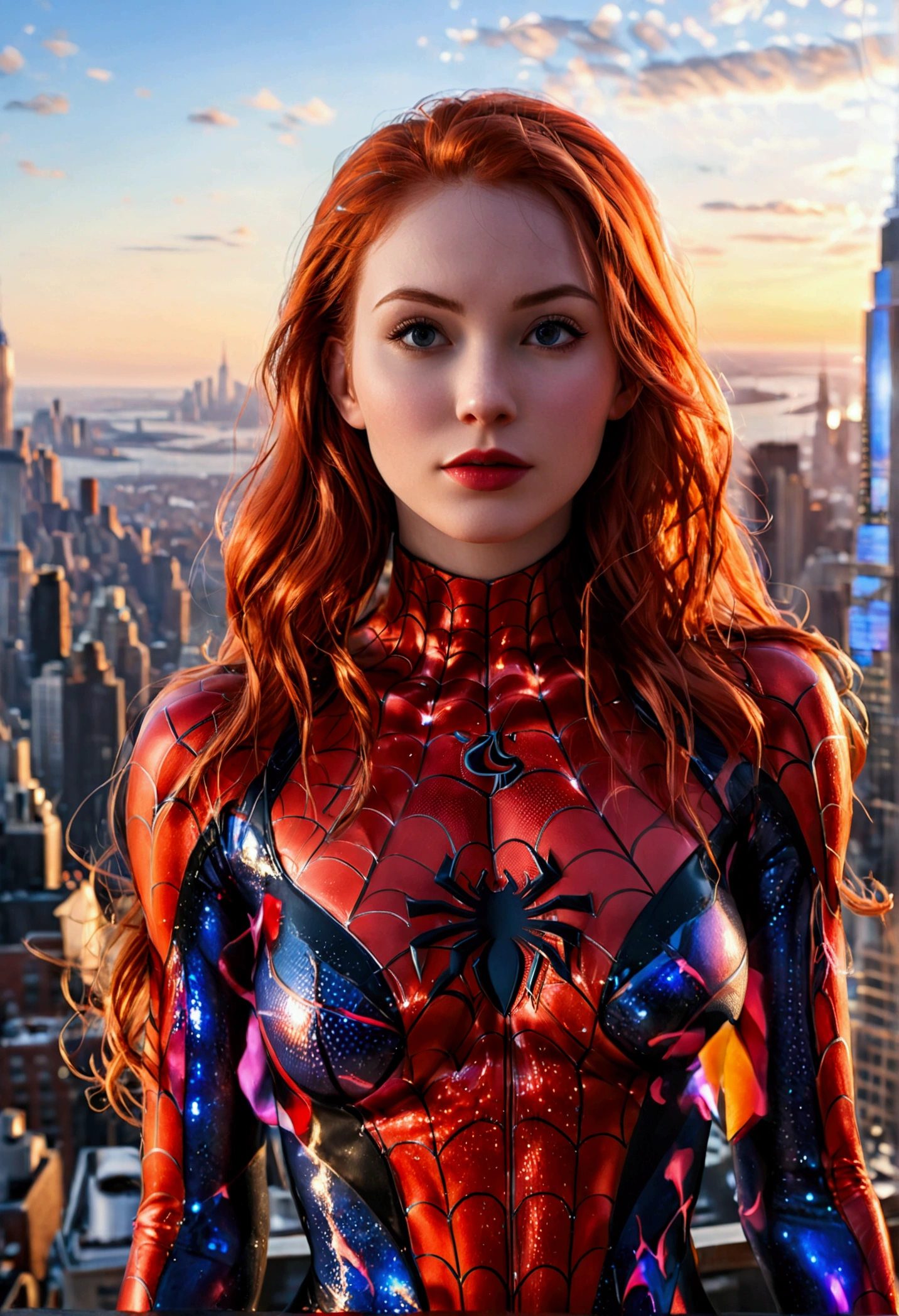 (full body shot:1) photorealistic image of a (standing pose:1) woman, ultrarealistic, photography, long red hair, woman, 24 years old, hourglass figure, perfect body, Flirty look, natural medium breasts, blur background, wearing a spider-gwen suit, standing on the Empire State Building