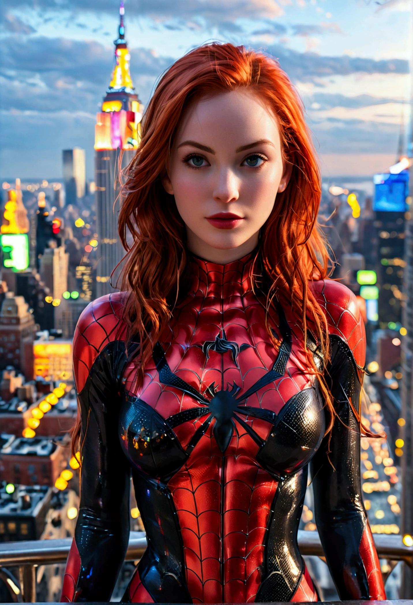 (full body shot:1) photorealistic image of a (standing pose:1) woman, ultrarealistic, photography, long red hair, woman, 24 years old, hourglass figure, perfect body, Flirty look, natural medium breasts, blur background, wearing a spider-gwen suit, standing on the Empire State Building
