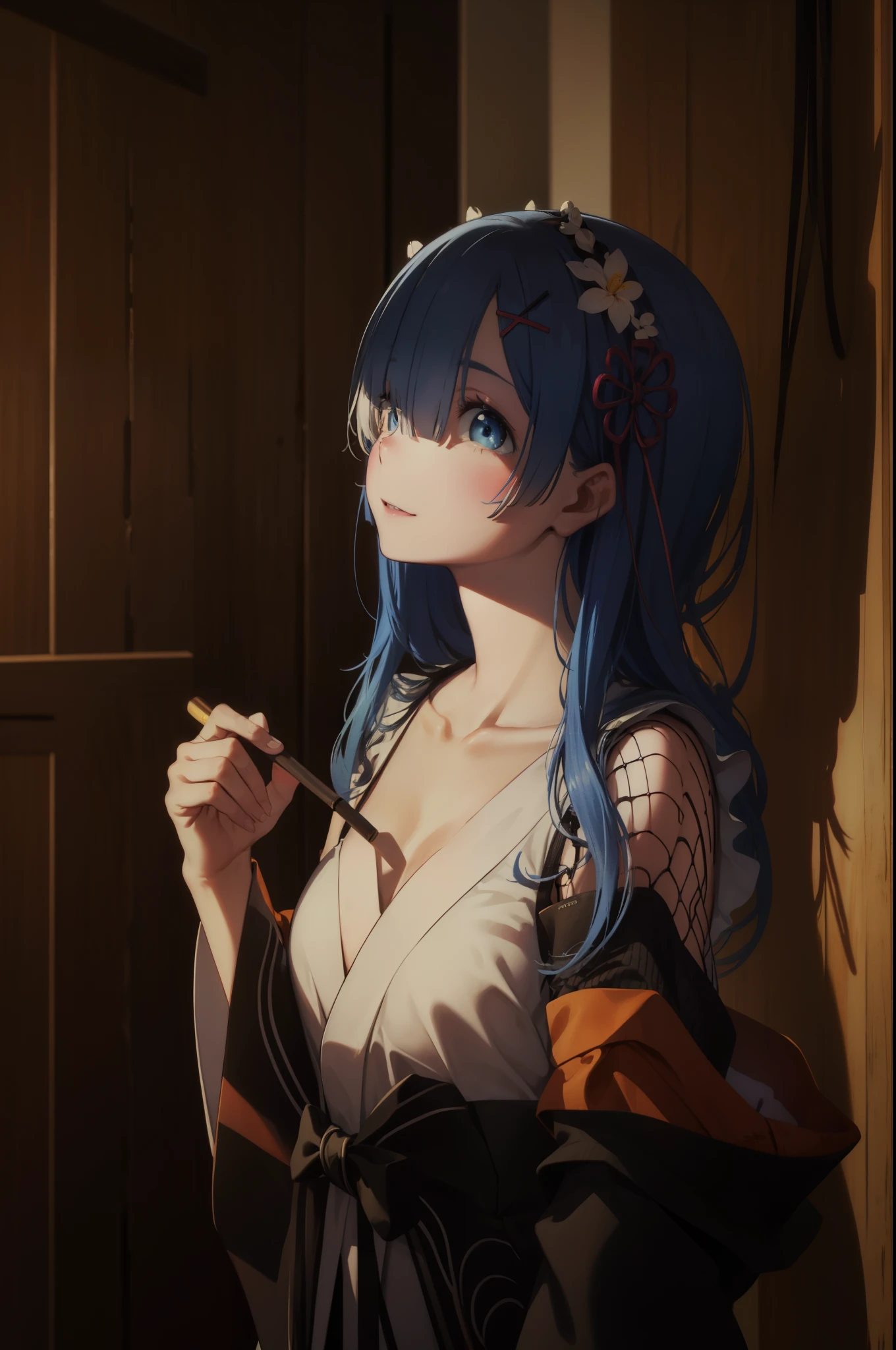 ph_rem, remhd, 1girl, blue hair, solo, blue eyes, x hair ornament,
BREAK (long sleeves, collarbone, japanese clothes, fishnets:1.2),
BREAK is standing、sexypose、Horizon、all-fours、ssmile,
BREAK (masterpiece:1.2), best quality, high resolution, unity 8k wallpaper, (illustration:0.8), (beautiful detailed eyes:1.6), extremely detailed face, perfect lighting, extremely detailed CG, (perfect hands, perfect ???????),