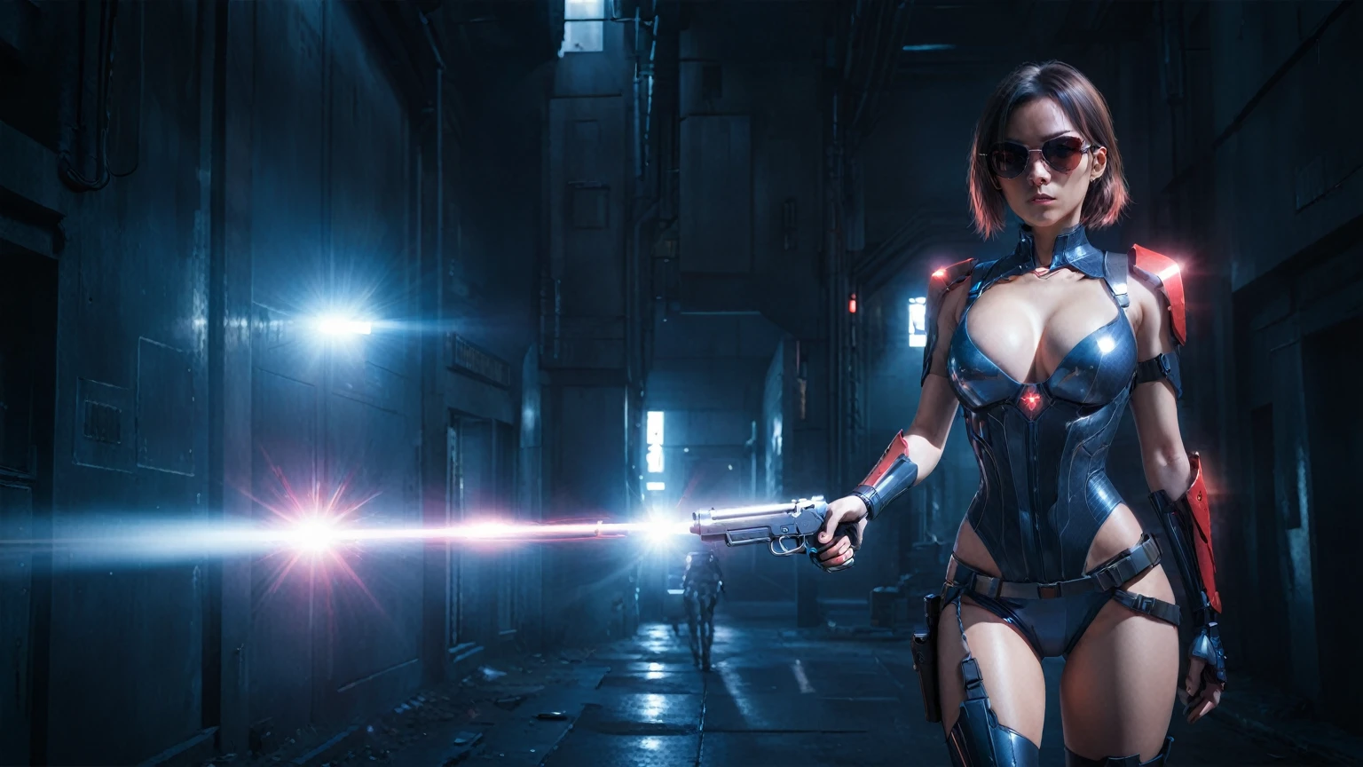 There's a cyborg woman (8k) wearing a futuristic leotard (best quality) standing in a cyberpunk city alley at night, darksynth aesthetic, red neons, haze, foggy night, ultra detailed, photorealistic, (1girl, solo, alone), large-breast:1.2 slim body, cleavage:1.1, (black sunglasses), (((she raised a pistol:1.8 and shot the viewer))), dynamic pose, (((half-body thigh level medium shot))), cinematic lighting, lens flare, ray tracing.