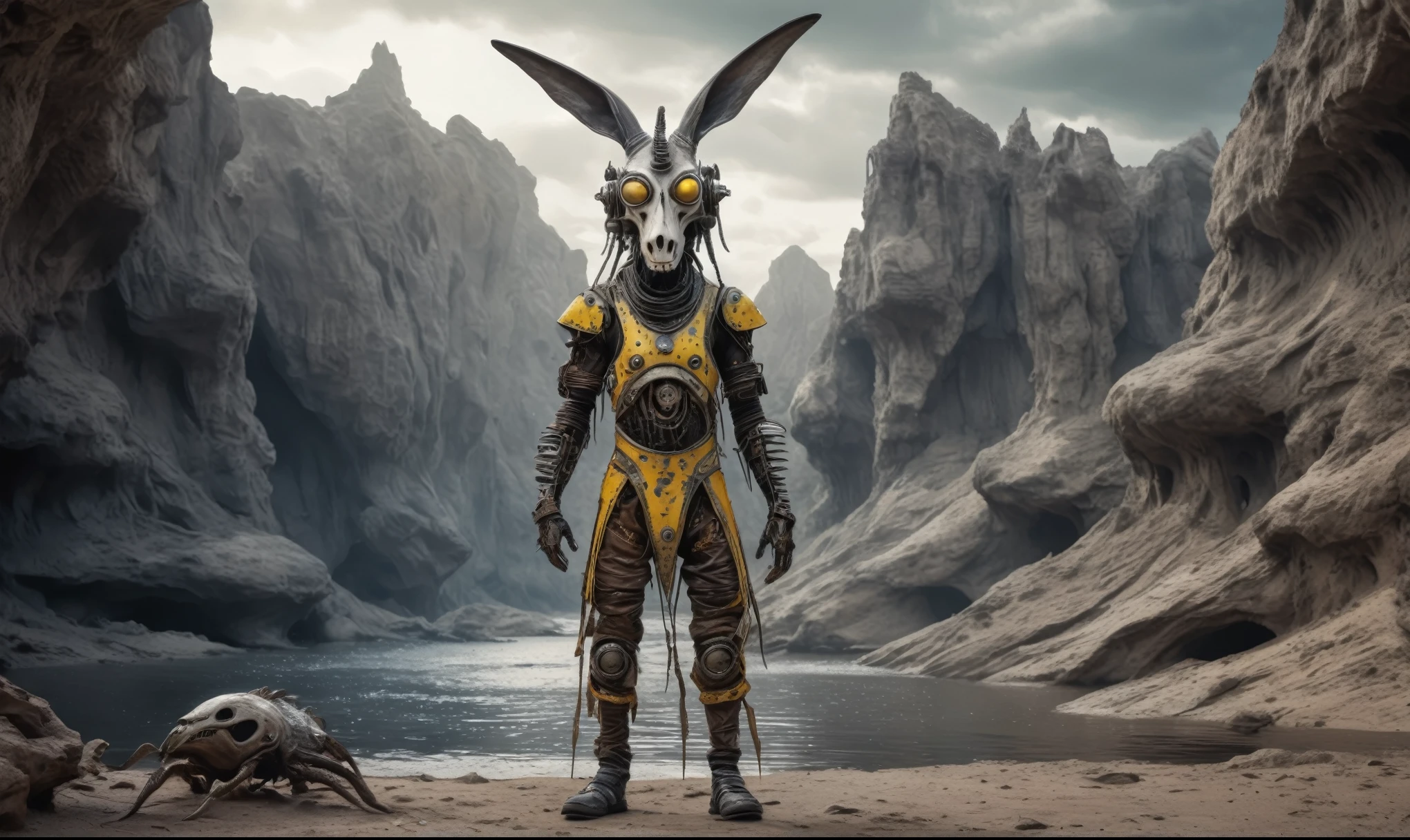 full body length shot,nerd graphite Alien Entity,native africa slave ,azctec Finnish Lapland,Cinematic,soft colors, Technicolor,natural skin textures, hyper realism, hyper detailed,Extremely detailed,High contrast,Masterpiece,Realistic,Ultra Detailed, intricate details,realistic humid leather,extremely intricate details,Epic Realistic, cinematic style, irina yermolova,high contrast,hdr,extremely detailed,day landscape,masterpiece, intricate details, eyes extremely detailed, high detailed eyes,8k resolution,retina, Nikon Z9,Korea,orc,Egypt, Pisces, transition between two art styles,full body length, Double contact, X-ray, Creative, vivid light, fantasy, Abstract, Surrealism, super detailed, high resolution,insanity national folk wear,skin almost translucent, gothic elements,Mestichino,Light particles,chaos,starfish's leather,"(The best lighting, dark, dramatic),(Persian,stupid alien donkey half-skull fetus, Hellraiser, Scars, psy brain,terror.),fish eyes, A Modern flat toon Crazy whit a Big ONE a Only Eye Robot USSR , and helmet Style, tongs in hands, camouflage Yellow White Pink Rusty, Ambient in a meteorite crater super detailed