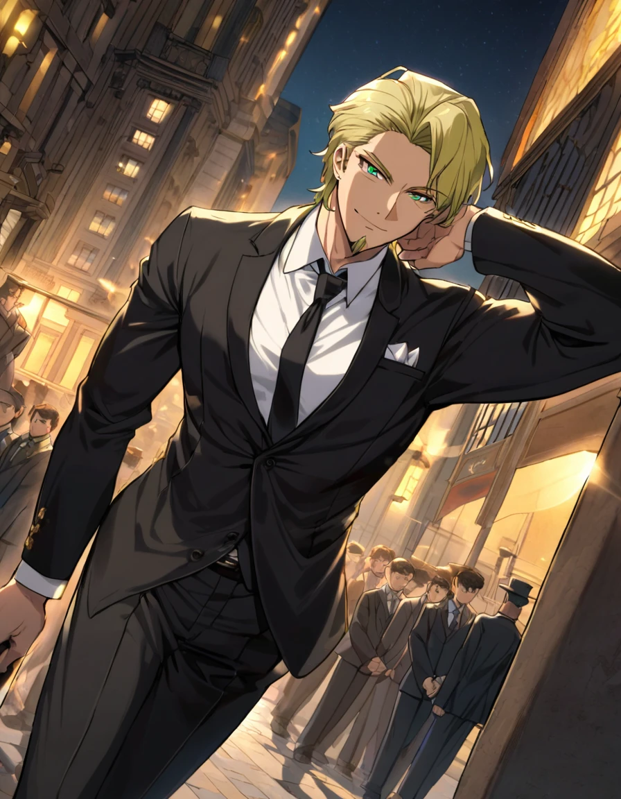 1man, veteran spy agent, handsome mature, business hair with asymmetrical bangs, narrow goatee, green platina blond hair, emerald eyes, 45yo, charming caucasian, ordinary uncle, hexagon shaped, BREAK ideal ratio body proportions, middle weight muscular, dark pupil, beautiful detailed eyes, broad waist, BREAK solo, businessman in black suit, black necktie, white shirt, funeral clothing, friendly smile, outdoor, wall street, detailed background, night scene, BREAK upperlegs, dandy posing, dramatic expression, 2000s, visual novel, in newest eroge style, in korean anime style, dutch angle, flat shadows, cinematic lighting, lens flare, light leaks, texture, absurdres absolutely resolution, extreme all detailed, masterpiece, best quality