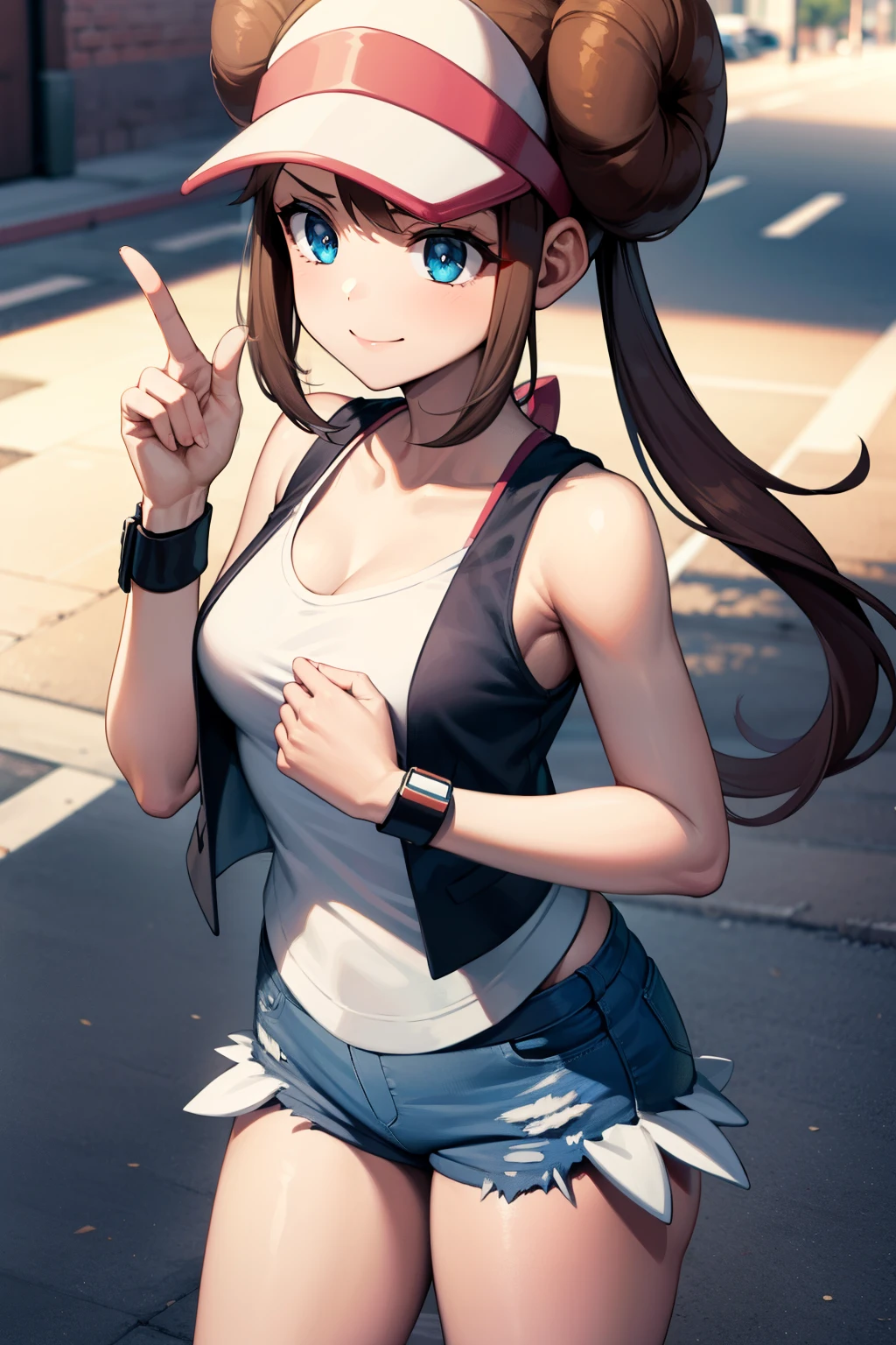 Masterpiece, best quality, girl, ro1, hair bun, blue eyes, twintails, visor cap, denim shorts, denim, short shorts, vest, shirt, wristband, sleeveless, white shirt, black vest, sleeveless shirt, standing in streets, smile, cowboy shot, collarbone, small breasts, cleavage, downblouse, oversized clothes