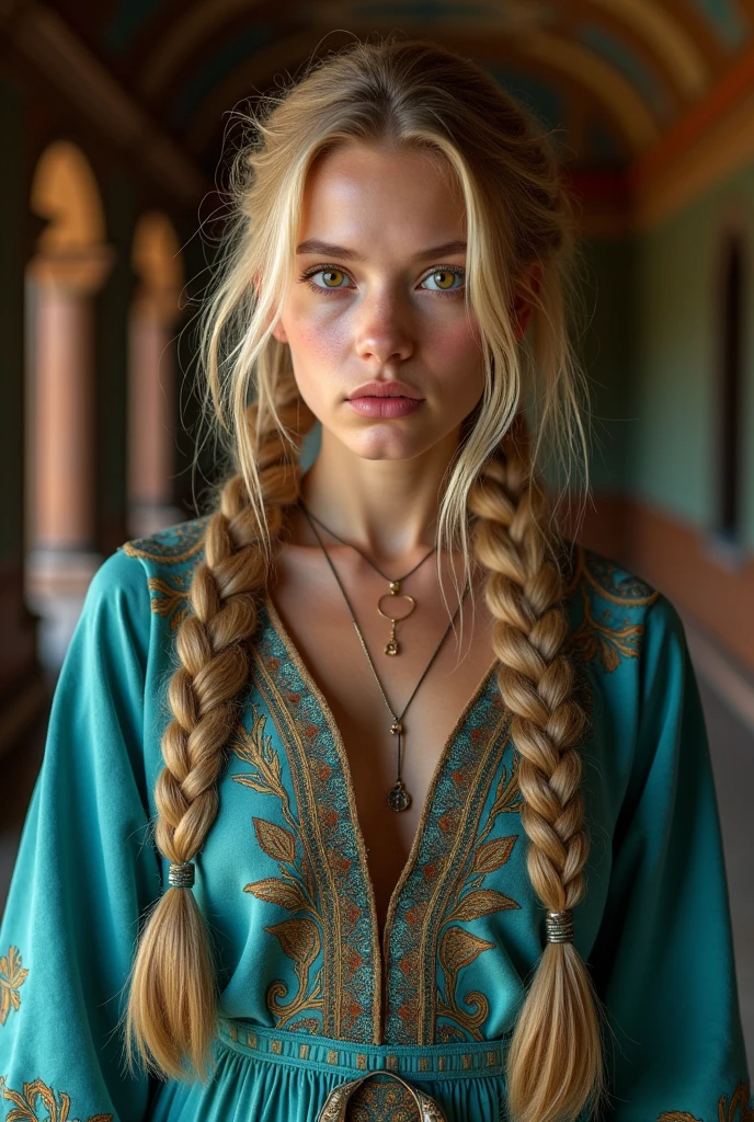 A beautiful 20-year-old blonde girl with long hair, a thick single braid, amber eyes, tense expression, wearing a Slavic turquoise sarafan, against the backdrop of the interior of a Slavic rich princely terem, featuring trees, patterns, arches, hyperrealism, professional photo, detailed.