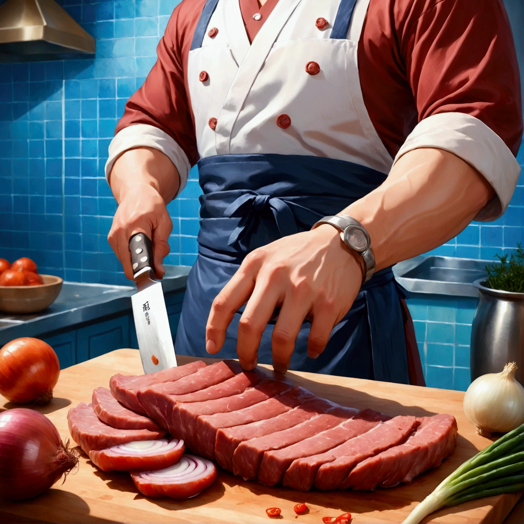 anime style butcher cutting board,knife,food,kitchen knife,male focus,独奏,holding knife,Meat,holding,1boy,onion,(Food close-ups:1.1),