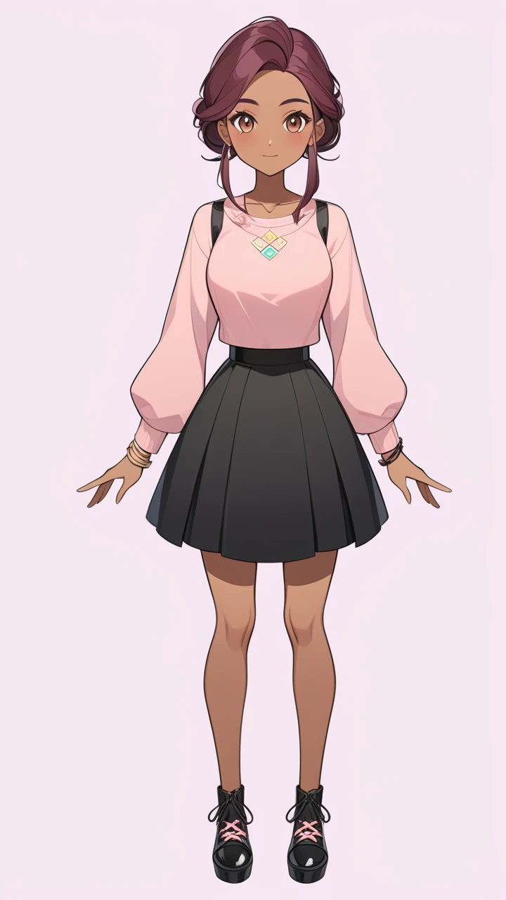 a drawing of a woman in a pink top and black skirt, character full body portrait, anime woman fullbody art, indian girl with brown skin, portrait full body, full body concept art, cute cartoon style, anime style character, ( ( character concept art ) ), female character, character drawing, full body female, full body character design, digital character art