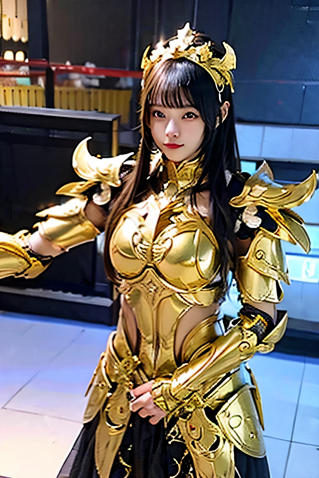 Bikini armor female knight, light golden armor, heavy gold armor, Glowing Armor, Gold heavy armor. Dramatic sci-fi background