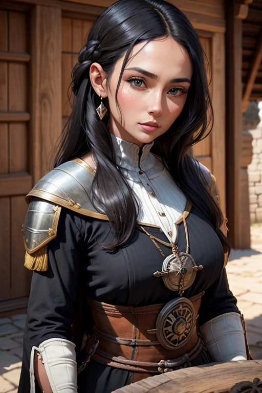 30 year old woman, longye hair, blackw, beautiful face, greeneyes, nordic pour, medieval village, giorno.