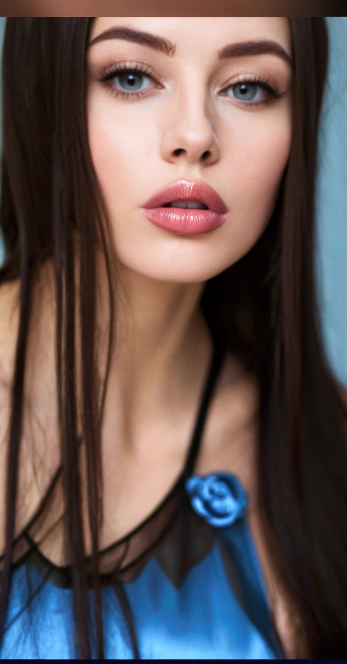 a close up of a woman with long hair and a blue dress, thick lips, sexy lips, luscious lips, neck zoomed in from lips down, thin lips, with very thin lips, pale thin lips, huge lips, very full lips, big lips, large lips, stunning side pose, beautiful lips, full lips, ekaterina, perfect lips