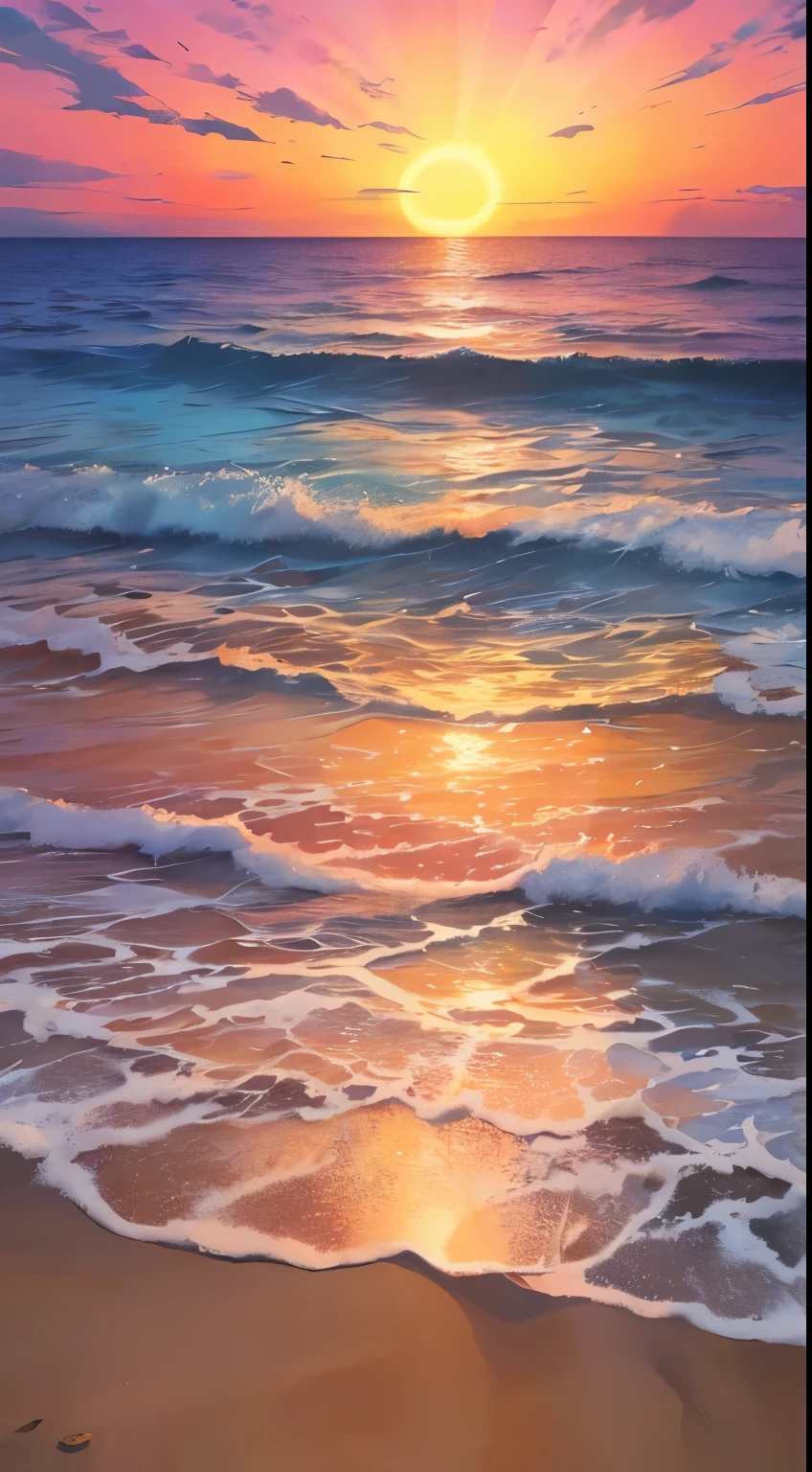 (Sunrise), An absolutely mesmerizing sunset over the beach, with a blend of oranges, pinks, and yellows filling the sky. Crystal-clear waters of the sea gently kissing the shore, with sandy white beach stretching far and wide. The scene is dynamic and breathtaking. Take in the calming atmosphere and let the peacefulness wash over you.