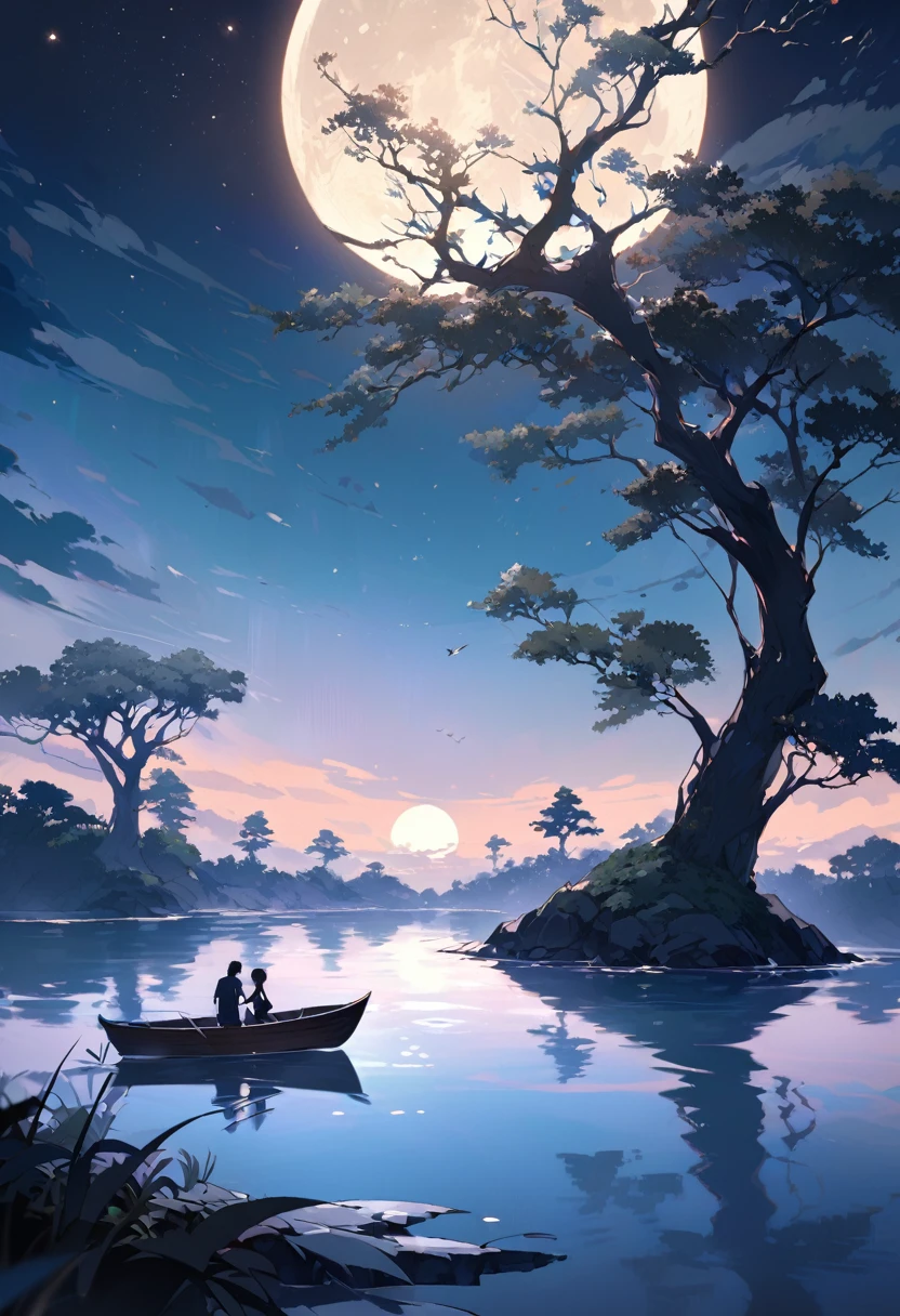 Generate a serene night scene on a small island. The island should be surrounded by calm, reflective water. A large, bright full moon should dominate the night sky, casting a soft blue glow across the scene. The sky should be filled with stars, adding to the tranquil atmosphere.On the island, place a tall, leafless tree in the center. Beneath the tree, depict a couple: one person kneeling, possibly proposing, and the other standing. Their silhouettes should be clearly visible against the moonlit backdrop. To the right of the island, include a small, empty rowboat floating on the water. Ensure the reflections of the tree, couple, and boat are visible in the water, enhancing the peaceful and romantic mood of the image