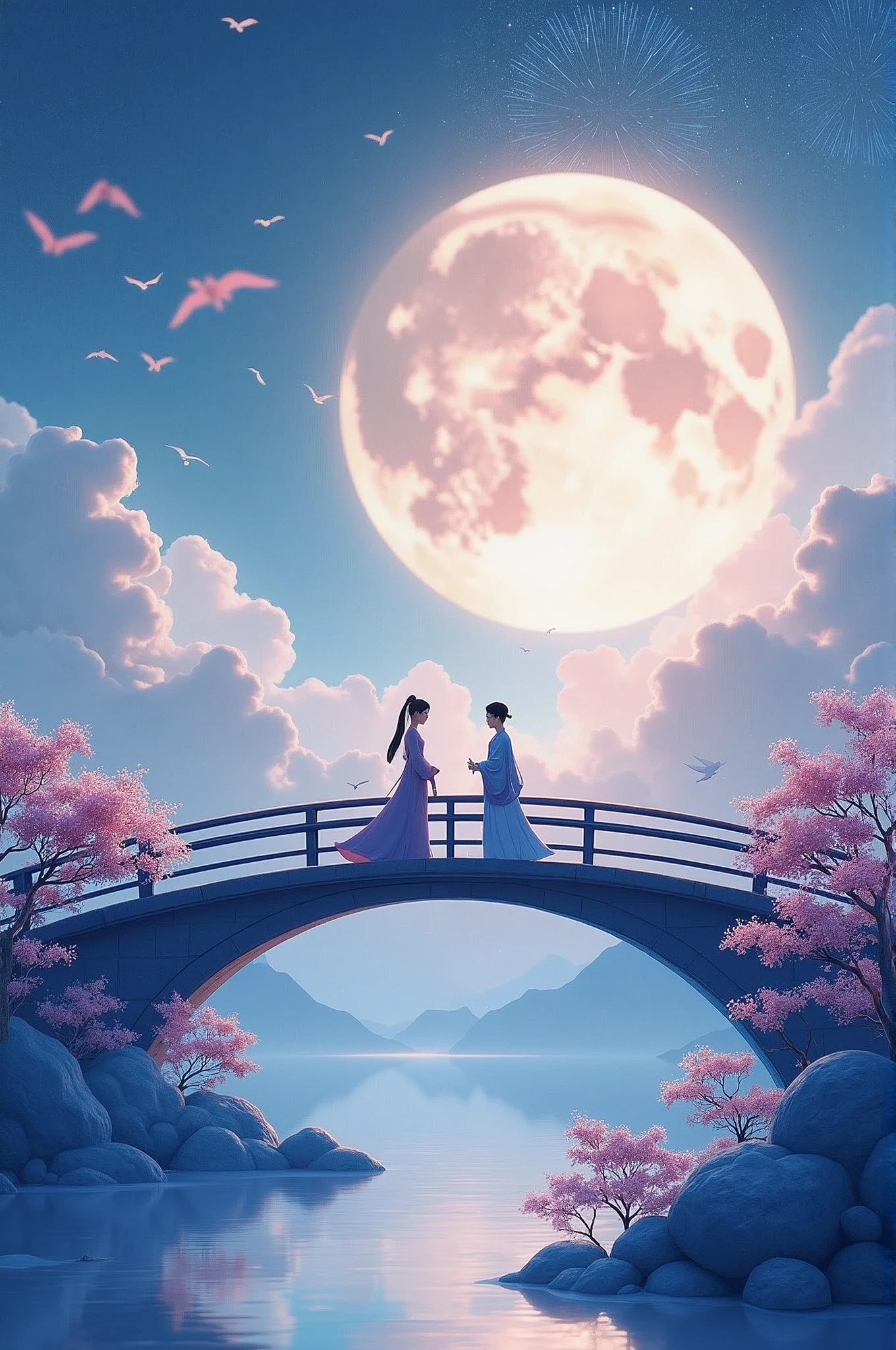 1 Chinese Valentine's Day poster design pattern, light tones, blue and purple, dream scene, warm color,The arch bridge of clouds,:: Weaver Girl and Cowherd Meet on the bridge,huge moon, fireworks, starry sky, magpiestriangular composition, rich details, top view, longshot,Chinese traditional painting,jade,lanscape,auspicious,light backgroud,best quality, pastel,soft light,4K, Plants