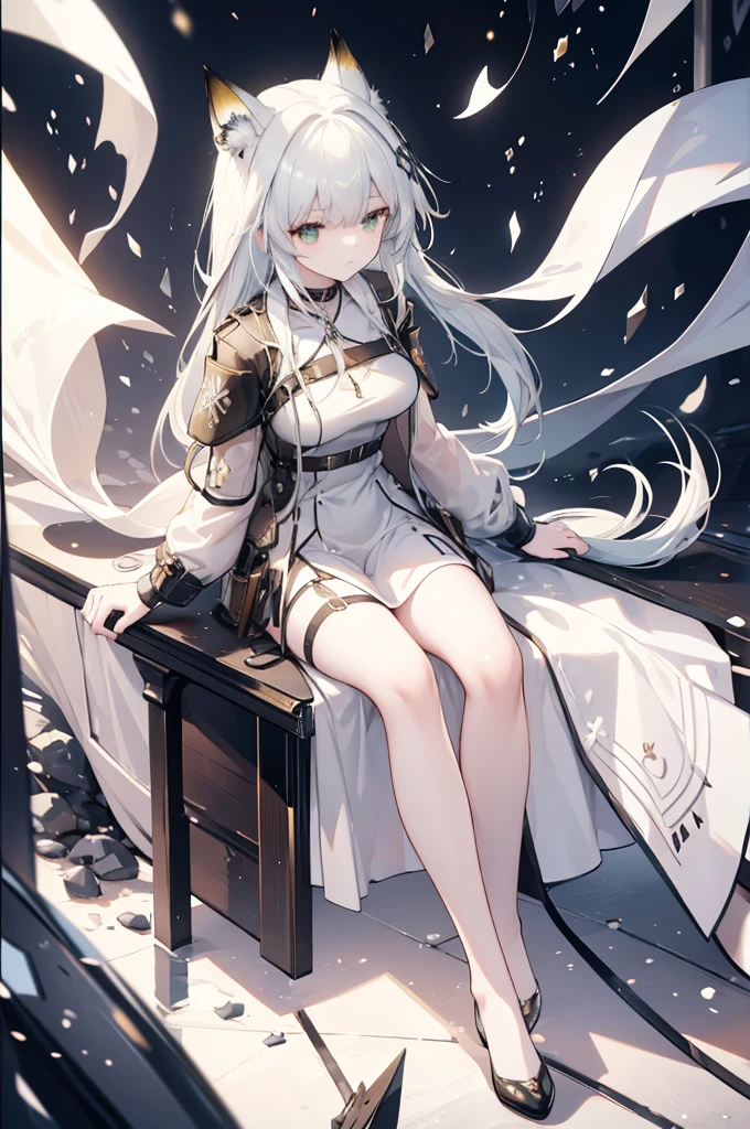 Create an anime-style image of Kal'tsit from the Arknights video game. She is depicted as an elegant anime girl with long, flowing white hair that reaches her waist. She has striking green eyes that exude wisdom and calm intensity. Kal'tsit has fox ears, adding to her distinctive and mystical appearance. She is wearing a beautiful green dress, intricately detailed and fitting the sophisticated aesthetic of the Arknights universe. The dress contrasts with her usual medical attire, providing a fresh and unique look. The dress is adorned with fine details, such as subtle embroidery and elegant patterns. Kal'tsit stands in a dark, mysterious environment, which adds to the contrast and highlights her presence. Her serene and composed expression conveys her authoritative and intelligent nature. The setting should evoke a sense of intrigue and depth, fitting for Kal'tsit's character. The art style should reflect the high-quality, detailed character design typical of Arknights, with a focus on fine details and a polished finish. The image should also incorporate elements of the Kantai Collection style, emphasizing the character's beauty and the intricate details of her outfit, Include references to her role as a medic and a senior member of Rhodes Island, subtly incorporating elements like a choker with a glowing pendant or medical tools. The overall composition should present Kal'tsit as a main character in the Arknights universe, maintaining the official character art style.