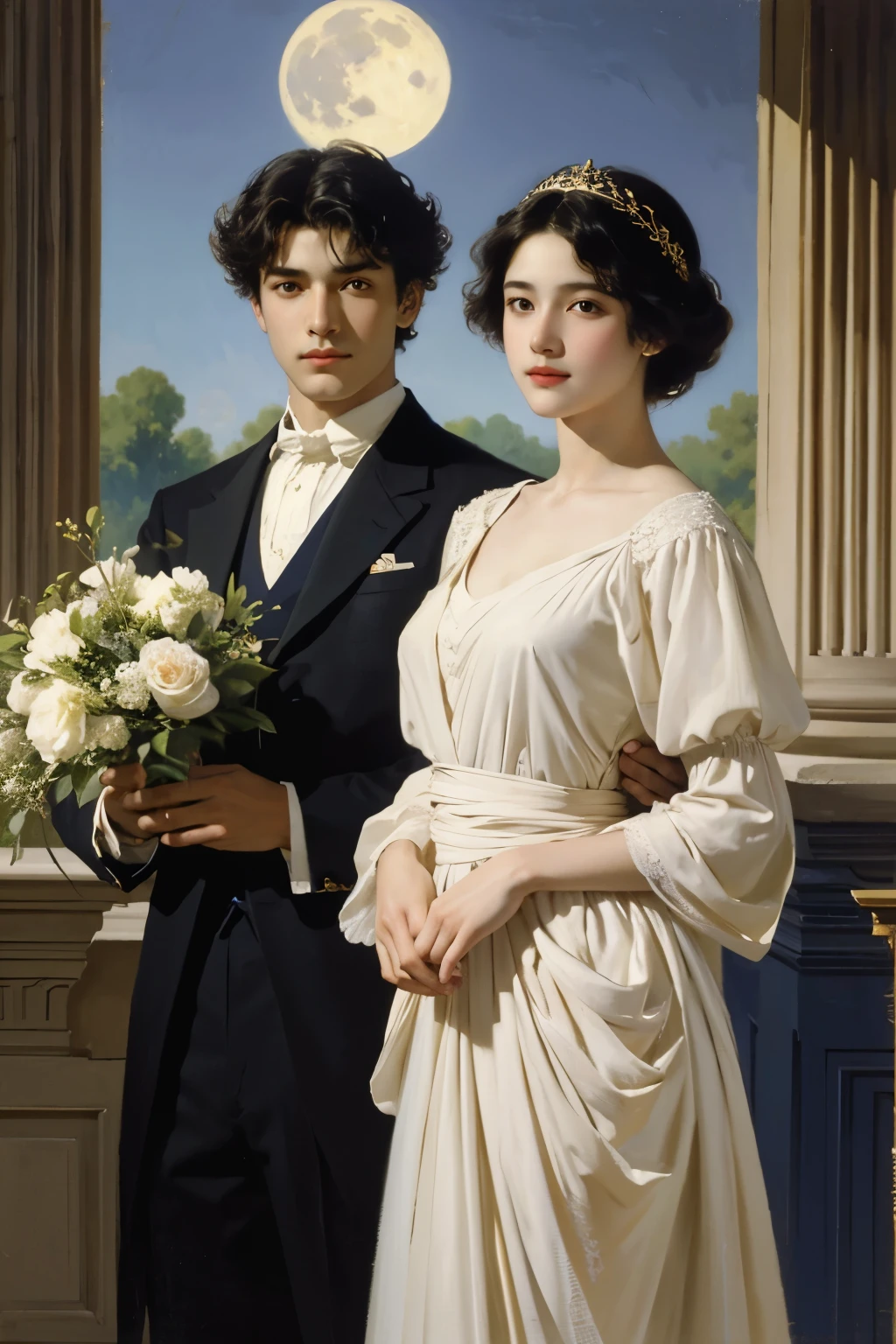 Classical painting, Young woman and young man, Are standing, Portraiture, Exposing shoulders, (Beautiful evening dresses:1.2), Flowers、On the balcony, (The young man is painted in desaturated form:1.2)、(Sargent 油 painting)、(Highest quality、masterpiece)、 Realistic, Photorealist,alone,Beautiful Face、A vivid face、Black-haired、short hair、Beautiful hairstyle、 Realistic Skin、Beautiful Skin、Charm、Cute blouse、 Upper Body,detailed,(Full moon in the night sky:1.2)、Soft Focus、Photorealistic、Inspired by Edmund Leighton、(masterpiece), (Highest quality),