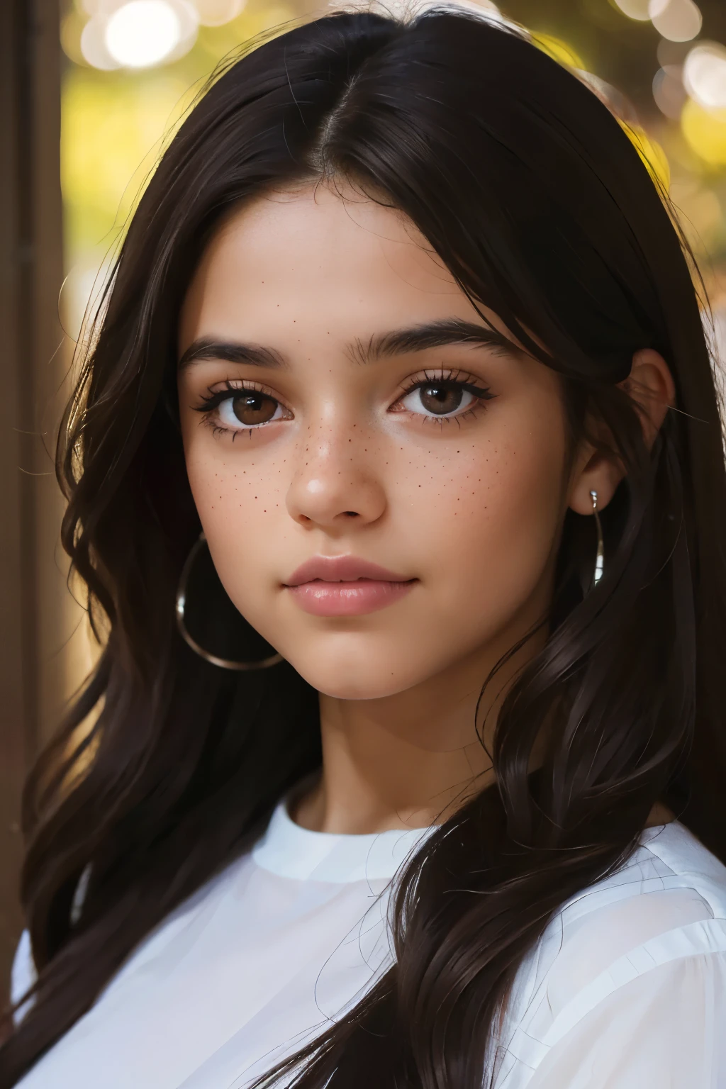 ((best quality)), ((masterpiece)), (detailed), beautiful fifteen year old latina girl, perfect face, calm expression, soft expression, not fully smiling, (dark brown eyes), (black eyes), photorealistic, detailed long hair, perfect lighting, (young), delicate, gentle, feminine, she is beautiful, she is calm, photorealistic image, long black hair, dark brown sheen, clear brown eyes, clear black eyes, light freckles across her cheeks, long wavy hair, long curly hair, realistic, (tanned white skin)