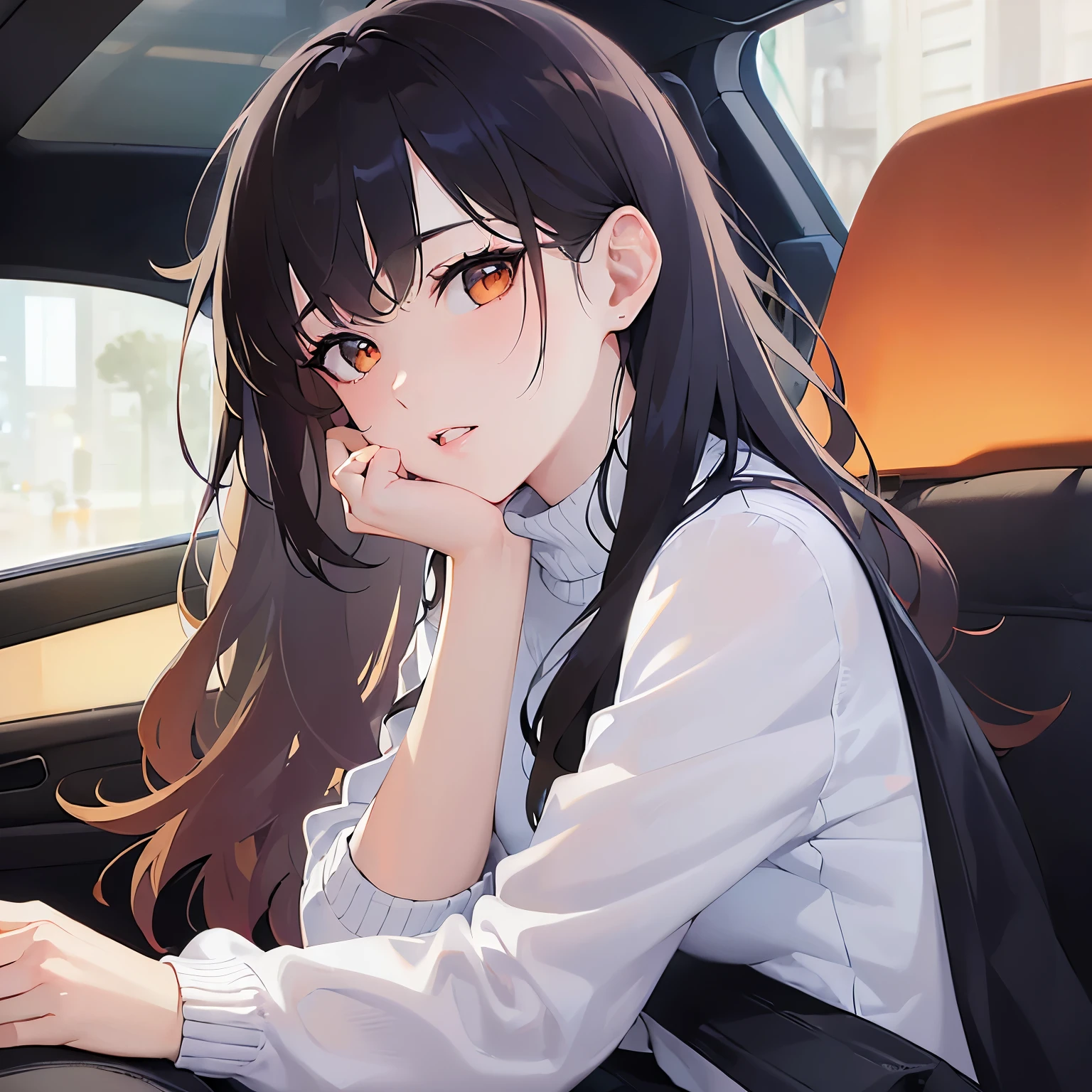 (looking at viewer:1.5)Upper Body, Side shot、Arms crossed、
Realistic, real person, (pale skin: 1.2), RAW photo, photorealistic, shiny skin, shiny hair、
(A 25-year-old woman with medium-length hair and bangs) and (wavy hair) and (brown hair) and (orange eyes),
White turtleneck long sleeve dress frown,open mouth,The background is the back seat of the car.、(alone:1.5)、night