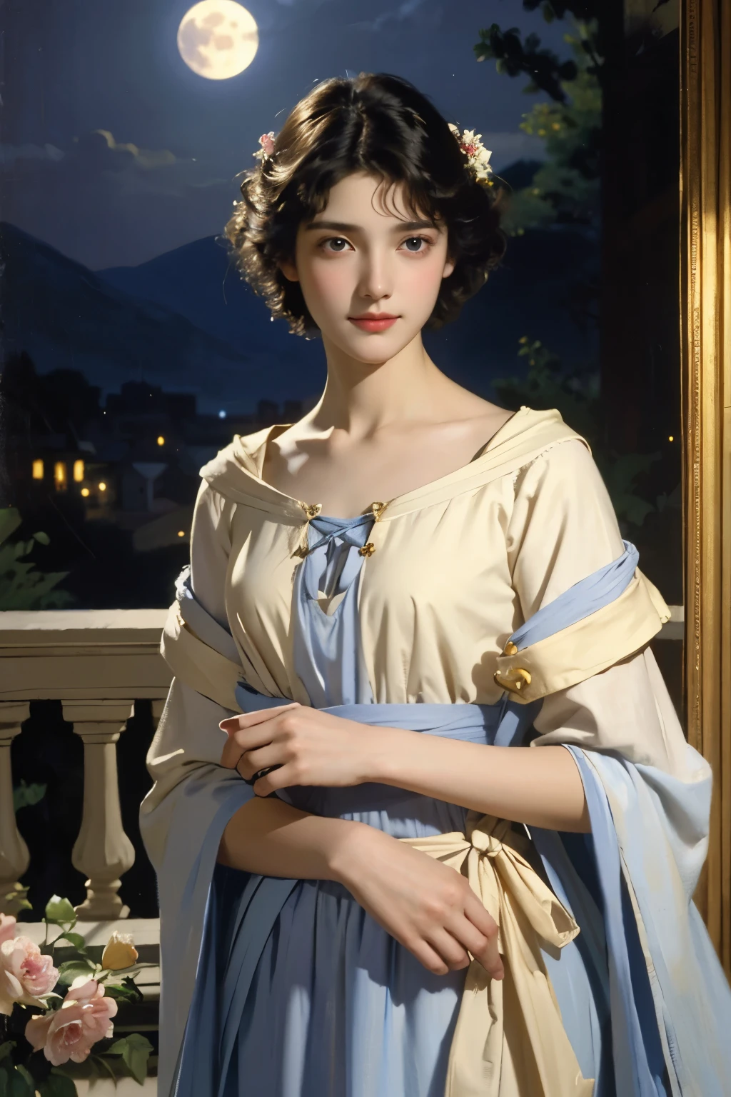 Classical painting, Young woman and young man, Are standing, Portraiture, Exposing shoulders, (Beautiful evening dresses:1.2), Flowers、On the balcony, (Young man draws modestly:1.2)、(Sargent 油 painting)、(Highest quality、masterpiece)、 Realistic, Photorealist,alone,Beautiful Face、A vivid face、Black-haired、short hair、Beautiful hairstyle、 Realistic Skin、Beautiful Skin、Charm、Cute blouse、 Upper Body,detailed,(Full moon in the night sky:1.2)、Soft Focus、Photorealistic、Inspired by Edmund Leighton、(masterpiece), (Highest quality),