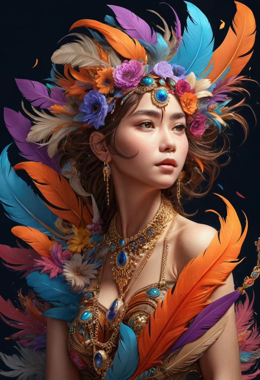 1(Very detailed), (masterpiece, Highest quality, Highest quality, Official Art, beautifully、aesthetic:1.2), (One girl:1.3), Very detailed,(Fractal Art:1.1),(colorful:1.1)(Flowers:1.3),Most detailed,(Tangled:1.2), (Dynamic pose), (Abstract background:1.3), (Glowing Skin), (Many colors:1.4),  (feather:1.5),Tyndall、
All gold、