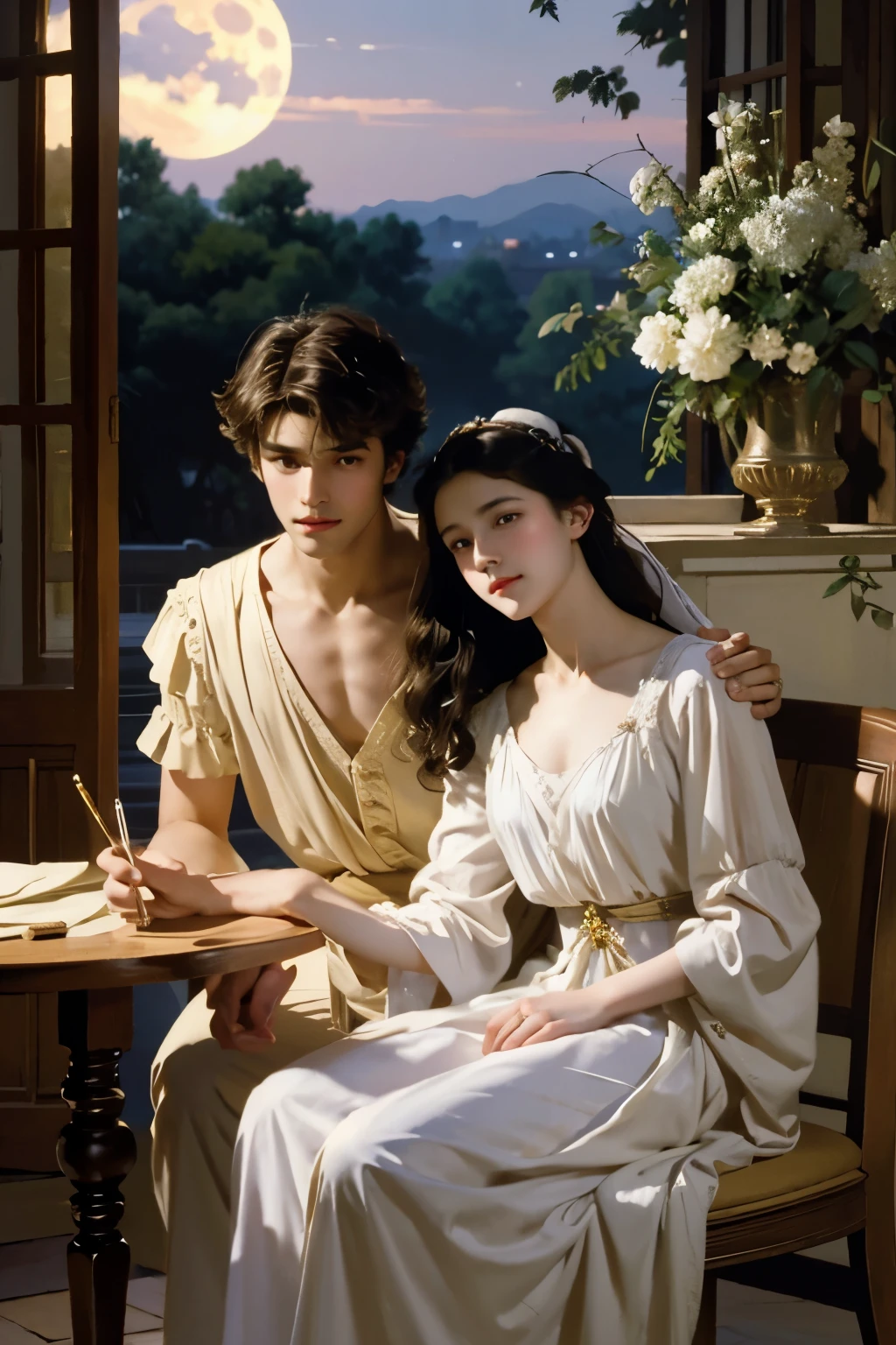 Classical painting, Young woman and young man, Are standing, Portraiture, Exposing shoulders, (Beautiful evening dresses:1.2), Flowers、On the balcony, (Young man draws modestly:1.2)、(Sargent 油 painting)、(Highest quality、masterpiece)、 Realistic, Photorealist,alone,Beautiful Face、A vivid face、Black-haired、short hair、Beautiful hairstyle、 Realistic Skin、Beautiful Skin、Charm、Cute blouse、 Upper Body,detailed,(Full moon in the night sky:1.2)、Soft Focus、Photorealistic、Inspired by Edmund Leighton、(masterpiece), (Highest quality),