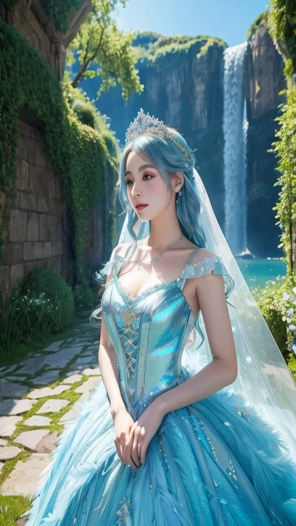 Aphrodite Iridescent feathers Fantasy Heavenly landscape goddess Around 20 years old dress like cinderella