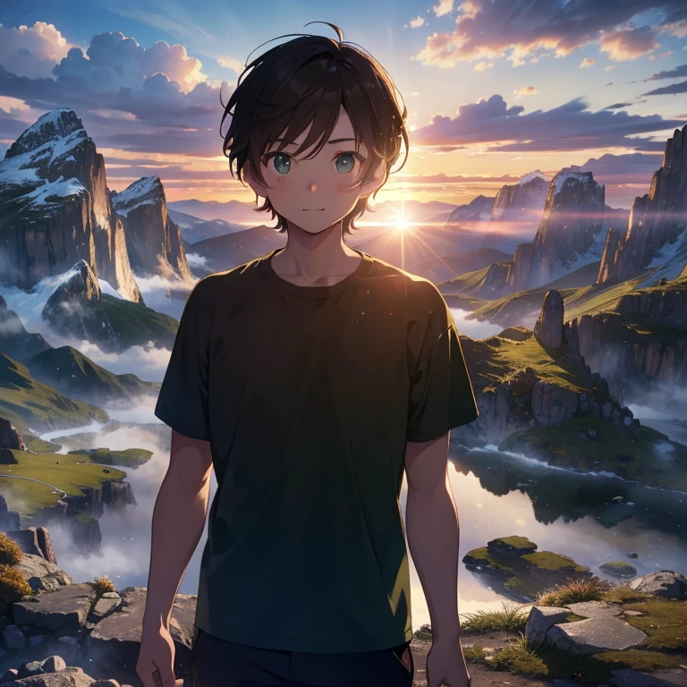 Masterpiece, best quality, high quality, 1boy, Solo, has Short Brown hair, has Green eyes, wears winter hicking clothes, slim body, muscular build, standing, on a mountain, morning sun above the mountains, high detail, Surrealism, depth of field, cinematic lighting, cinematic lighting, atmospheric perspective, UHD, masterpiece, 8k, super detail, high res, boy looking at the viewer, happy expression