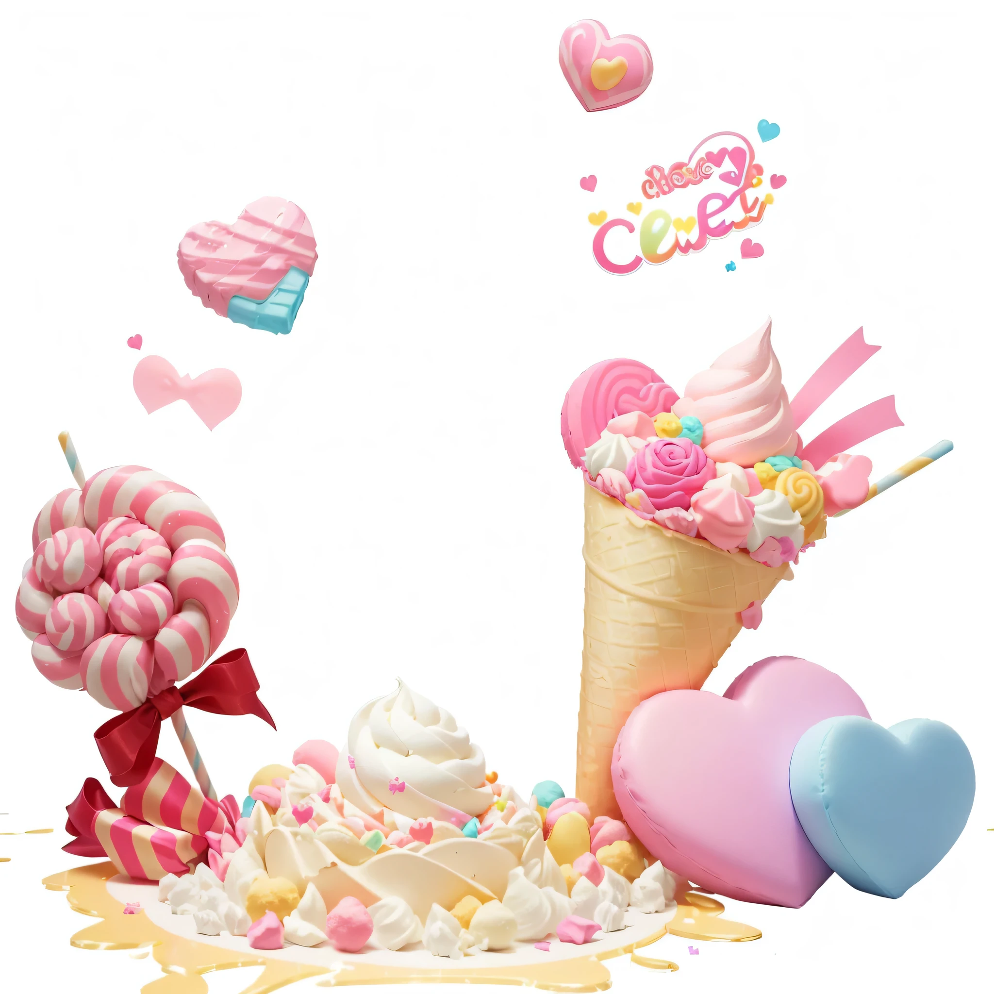 there is a cartoon ice cream cone with candy and candy, candy, in a candy land style house, candy pastel, candy, candy land, candy decorations, candyland, candy, made of candy and lollypops, lollipop, made in illustrator, Sweet, ice cream, ice cream cone, made out of candy, sweet art, made of candy 3D style C4D modeling princess-style carpet surrounding candies bow flowers ice cream hearts heart-shaped cushion giant ice cream lollipop stars rainbow
