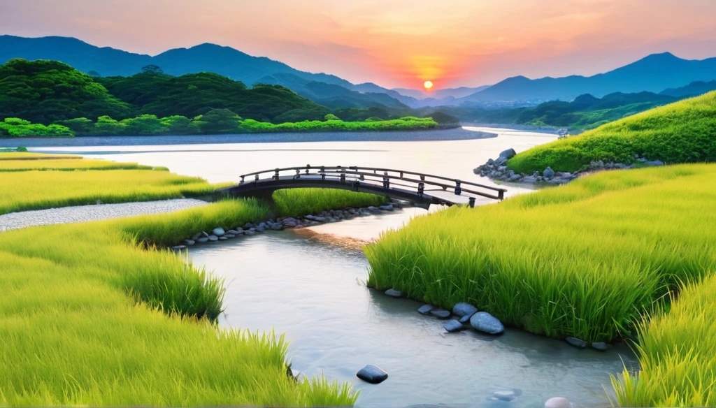Japanese river and grassland background、Rich in nature、Nodoka、hill、sunset、Stone Bridge