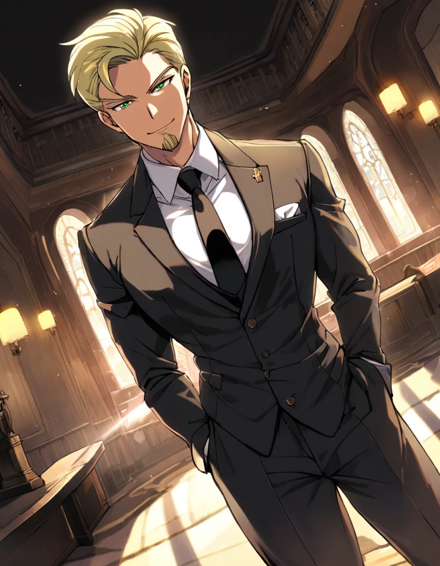 1man, veteran spy agent, handsome mature, business hair with asymmetrical bangs, narrow goatee, green platina blond hair, emerald eyes, 45yo, charming caucasian, ordinary uncle, hexagon shaped, BREAK ideal ratio body proportions, middle weight muscular, dark pupil, beautiful detailed eyes, broad waist, BREAK solo, businessman in black suit, black necktie, white shirt, funeral clothing, friendly smile, BREAK upperlegs, dandy posing, dramatic expression, 2000s, visual novel, in newest eroge style, in korean anime style, dutch angle, flat shadows, cinematic lighting, lens flare, light leaks, texture, absurdres absolutely resolution, extreme all detailed, masterpiece, best quality