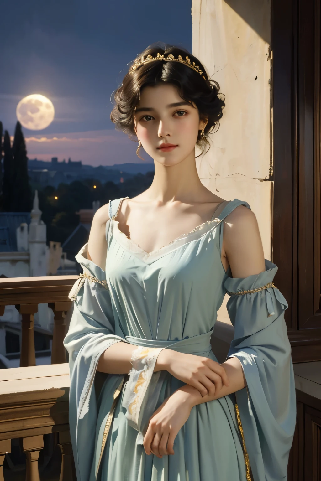 Classical painting, Young woman and young man, Are standing, Portraiture, Exposing shoulders, (Beautiful evening dresses:1.2), Flowers、On the balcony, (Young man draws modestly:1.2)、(Sargent 油 painting)、(Highest quality、masterpiece)、 Realistic, Photorealist,alone,Beautiful Face、A vivid face、Black-haired、short hair、Beautiful hairstyle、 Realistic Skin、Beautiful Skin、Charm、Cute blouse、 Upper Body,detailed,(Full moon in the night sky:1.2)、Soft Focus、Photorealistic、Inspired by Edmund Leighton、(masterpiece), (Highest quality),