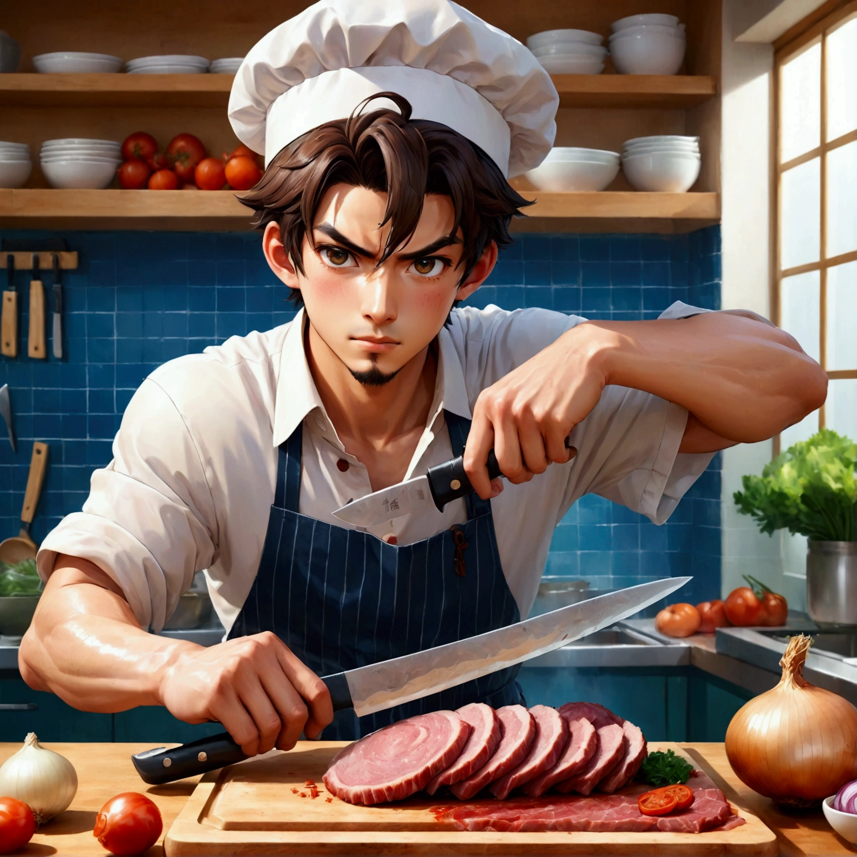 anime style butcher cutting board,knife,food,kitchen knife,male focus,独奏,holding knife,Meat,holding,1boy,onion,(Food close-ups:1.1),