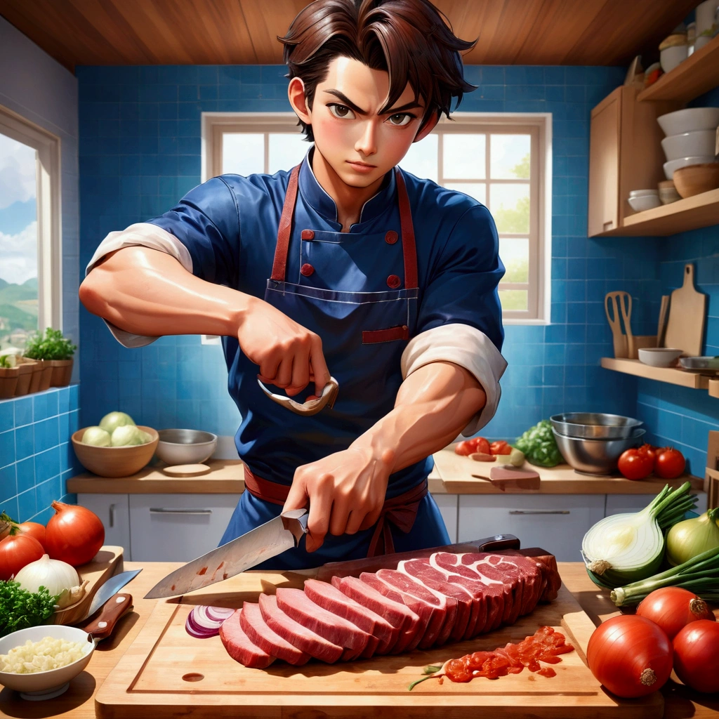 anime style butcher cutting board,knife,food,kitchen knife,male focus,独奏,holding knife,Meat,holding,1boy,onion,(Food close-ups:1.1),
