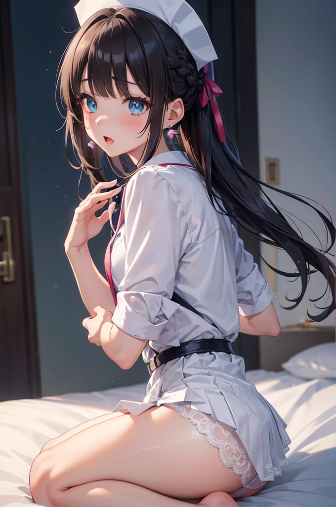 A beautiful girl dressed as a nurse kneeling on a bed using stethoscope, anime girl, (quite adorable magical nurse dress with brief pleated skirt and robe and nurse hat), white lace panties, white lace stockings, dark brown hair, bangs, french braid, long hair, ponytail, wavy hair, asymmetrical bangs, asymmetrical bangs, shiny hair, nurse cap, hairclip, hair ribbon, aqua eyes, glowing eyes, pupils sparkling, earrings, open mouth, embarrassed, blush, nervous, surprised, glossy lips, worried, high detail, anime, anime style, depth of field, cinematic lighting, dithering, image fill, first-person view, dutch angle, from behind, (rear view), from below, (whole body), atmospheric perspective, perspective, Wide-Angle, f/1.8, 85mm, Nikon, 8k, super detail, UHD, retina, masterpiece, accurate, anatomically correct, textured skin, high details, best quality, highres