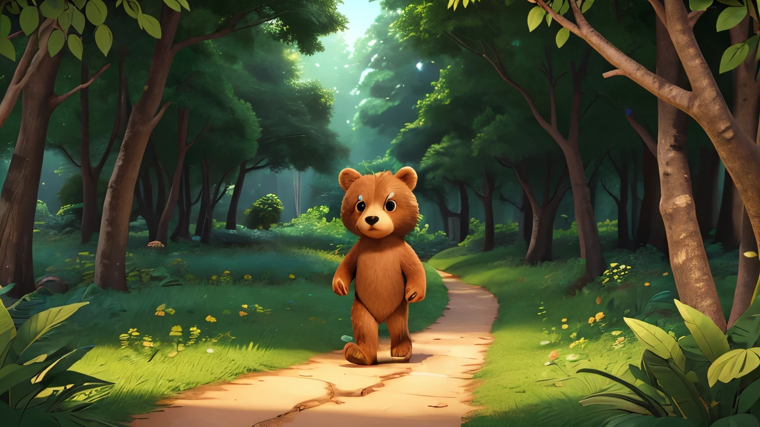 A highly detailed digital illustration of a curious bear cub named Benny walking through a quiet forest, discovering a hidden path leading to a secret valley. Benny looks excited and eager to explore. The background shows a dense forest with trees, bushes, and the beginning of a hidden path covered with leaves and vines.