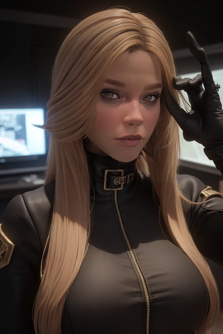 [(dark colors, futuristic cyberpunk vibes:1.6) ::6], (masterwork:1.3), BREAK (1female, female breton, gothic look, 30 years old), long blonde hair, [edgy outfit: black leather outfit: 0.75], (sexy pose:1.3), piercing gaze, BREAK (futuristic cyberpunk room:1.2), neon lights, holographic displays, sleek furniture, advanced technology, (detailed environment:1.3), (closeup portrait:1.2).