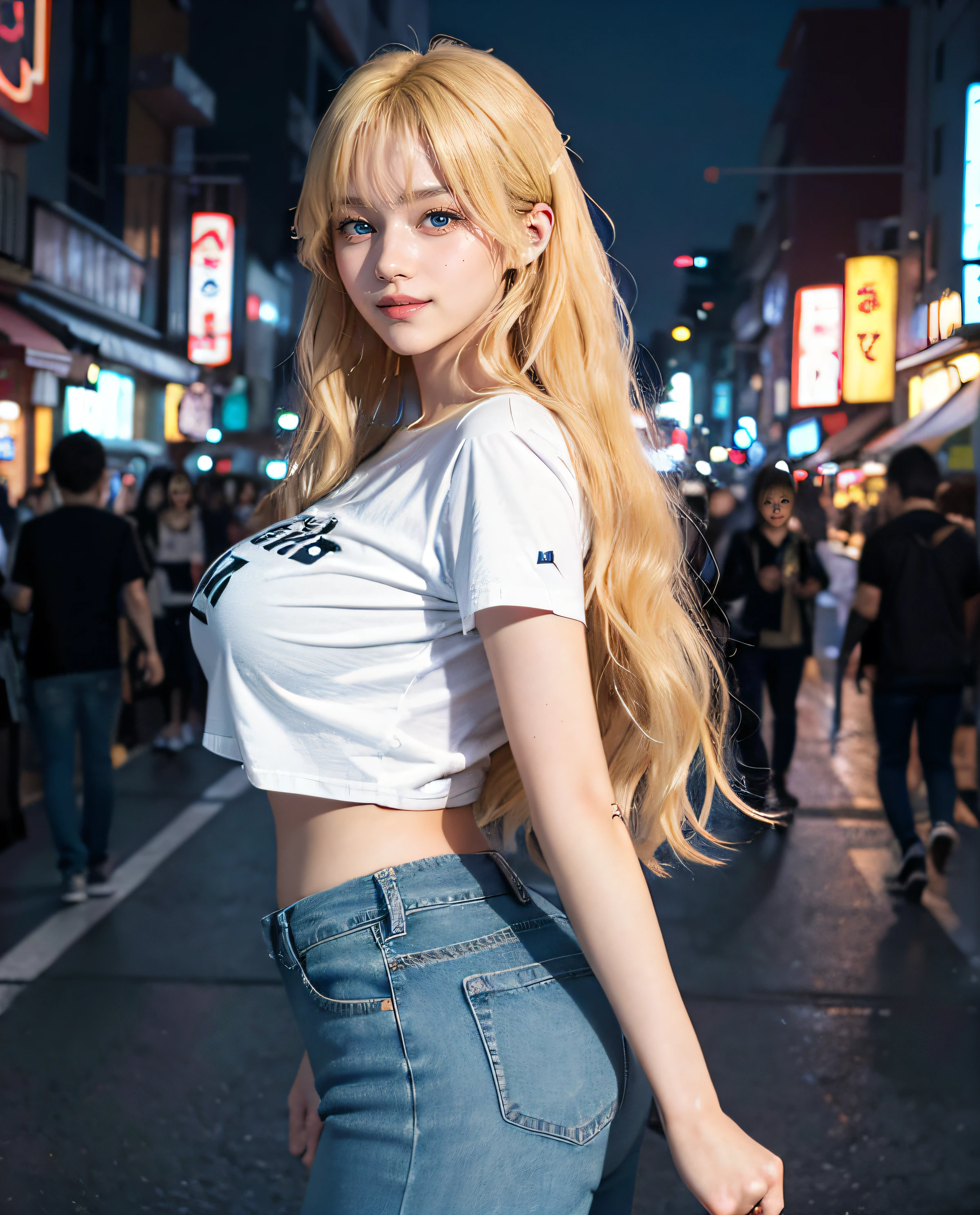 1 woman, (blue eyes), (they are laughing :1.2), (In the name of Minaj), wide hips, tetas bigs, big, round ass, (best quality, 8 thousand, masterpiece: 1.3), perfect hands, clear focus: 1.2, perfect body beauty: 1.4 , slim abs: 1.2, Highly detailed face and skin textures, detailed eyes, double eyelid, (Long blonde hair with bangs :1.3), (black t-shirt and jeans), Standing in Akihabara area lit up with many billboards in Japan at night.