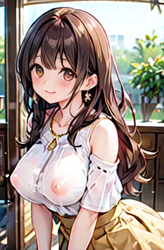 (high quality, High resolution, The finer details, Realistic), Long Wavy Hair、Dark brown hair、Earrings、Modest necklace、off-the-shoulder white shirt,Light yellow flared skirt, Clear skies, Strong sunlight, alone, Adult female, Sparkling eyes, smile, blush, Large Breasts, Oily skin, Shallow depth of field、Puffy nipples、Leaning forward to emphasize your breasts、Hold the skirt with your hands Skirt Fuwari、big、on board