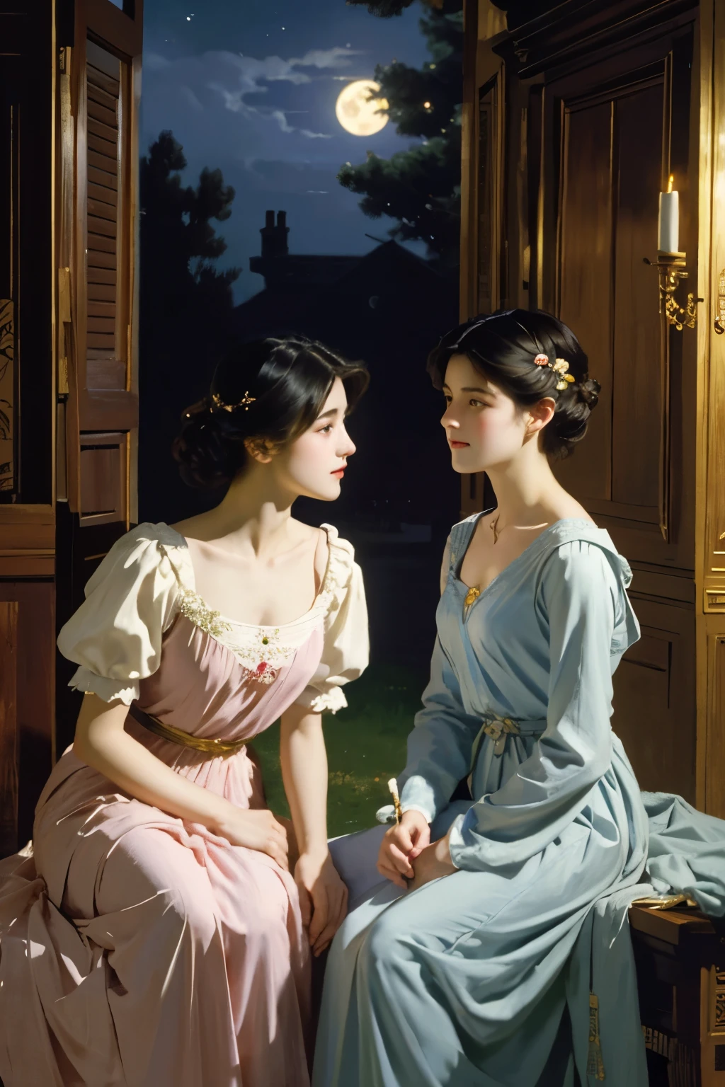Classical painting, Young woman and young man, Are standing, Portraiture, Exposing shoulders, (Beautiful evening dresses:1.2), Flowers、On the balcony, (Young man draws modestly:1.2)、(Sargent 油 painting)、(Highest quality、masterpiece)、 Realistic, Photorealist,alone,Beautiful Face、A vivid face、Black-haired、short hair、Beautiful hairstyle、 Realistic Skin、Beautiful Skin、Charm、Cute blouse、 Upper Body,detailed,(Full moon in the night sky:1.2)、Soft Focus、Photorealistic、Inspired by Edmund Leighton、(masterpiece), (Highest quality),