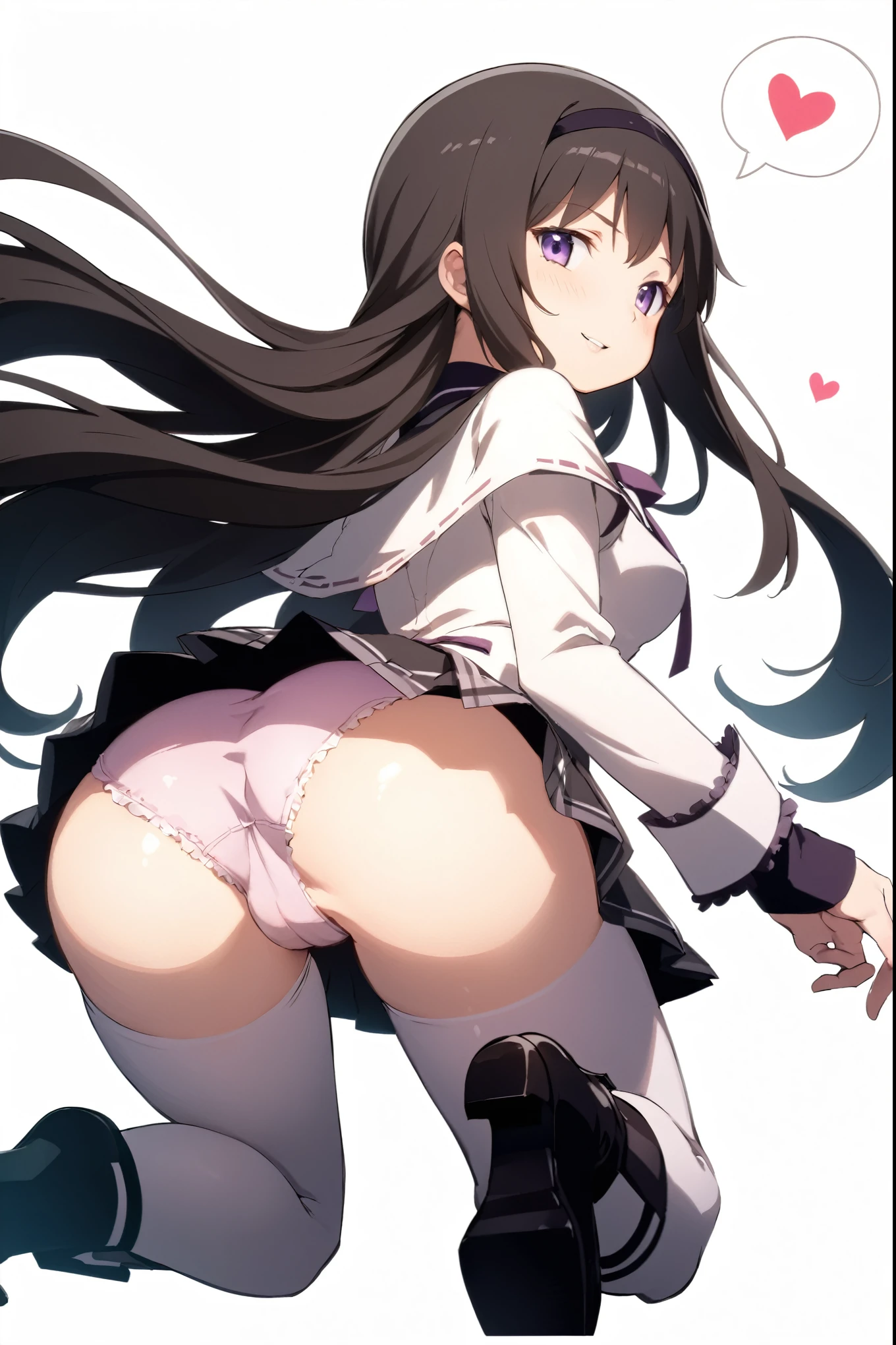 1girl, solo, masterpiece, best quality, purple ribbon, mahou shoujo madoka magica, akemi homura, homura akemi, purple eyes, tsurime, black hair, long hair, straight hair, hairband, black hairband, magical girl, shirt, white shirt, long sleeves, capelet, purple capelet, small breasts, skirt, purple skirt, miniskirt, pleated skirt, frilled skirt, boots, black footwear, high heels, high heel boots, argyle, argyle legwear, all fours, looking at viewer, from behind, looking back, ass, blush, smile, parted lips, profile, panties under pantyhose, underwear, panties, crotch seam, upskirt, simple background, white background, heart background, heart, spoken heart
