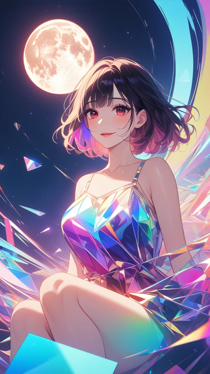 masterpiece, best quality:1.3, 1girl, moon dress, giants girl , floating,space ,moon , hugging big moon , detailed face, red eyes, beautiful detailed lips, long eyelashes, delicate facial features, expressive face, detailed skin texture, moonlight lighting, vibrant colors, cinematic lighting, soft focus, prismatic, holographic,chromati caberration, transparent colorvinyl clothing, whole body, glitchlump} on face, smile, medium hair, filmg rain, lens_flare, colorful, chromati caberration,Intense emotional expression:death, glitchart, ultra-detailed, extremely delicateand beautiful, albumcover, album, album description, Pixilation on face, Double exposure, Chromatic Aberration, Lightleaks, Noise and grain,Color degradation, Glitch lettering, art, abstractart, geometry, clearlines, squares, bright, limited palette,{canonicalcomposition},neat diagonal,{limited palette},flat colored,