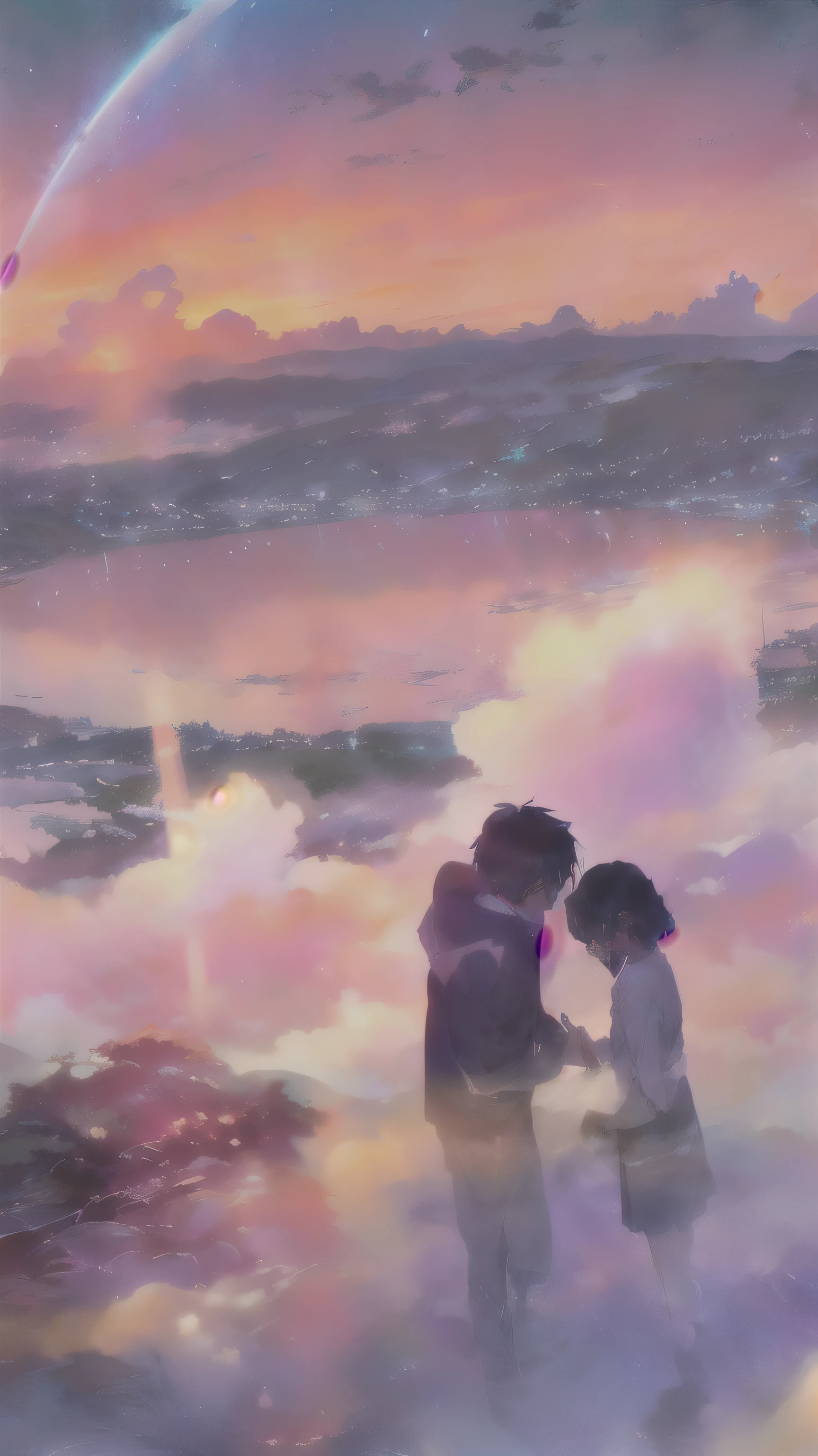 Anime couple standing in the clouds watching a rainbow, makoto shinkai cyril rolando, Makoto Shinkai movie, yourname, Anime movie background, yourname movie style, ( ( Makoto Shinkai ) ), Beautiful anime scene, sakimichan and Makoto Shinkai, Guweiz and Makoto Shinkai, ross tran and Makoto Shinkai