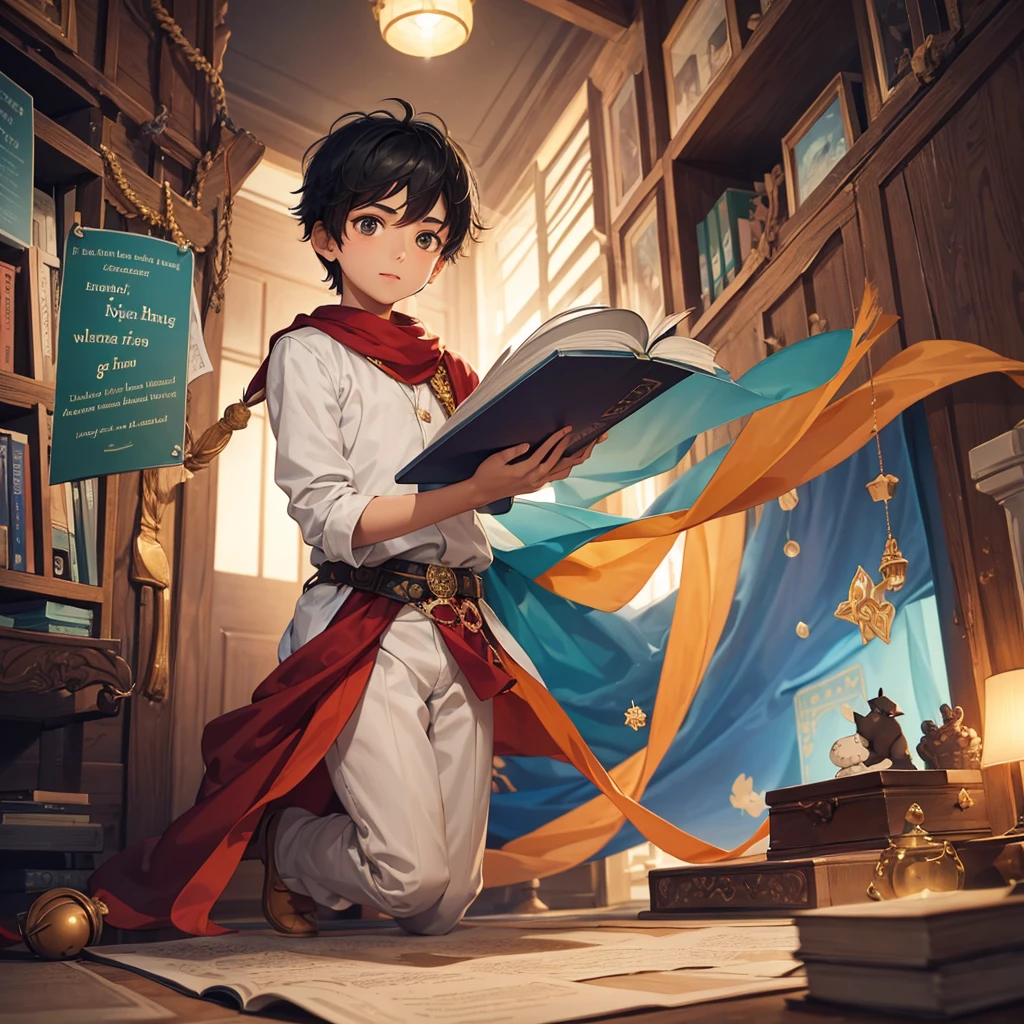 An animated image of Kiran, a young boy with a curious and adventurous expression, holding the mysterious book.