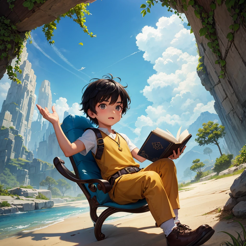 An animated image of Kiran, a young boy with a curious and adventurous expression, holding the mysterious book.