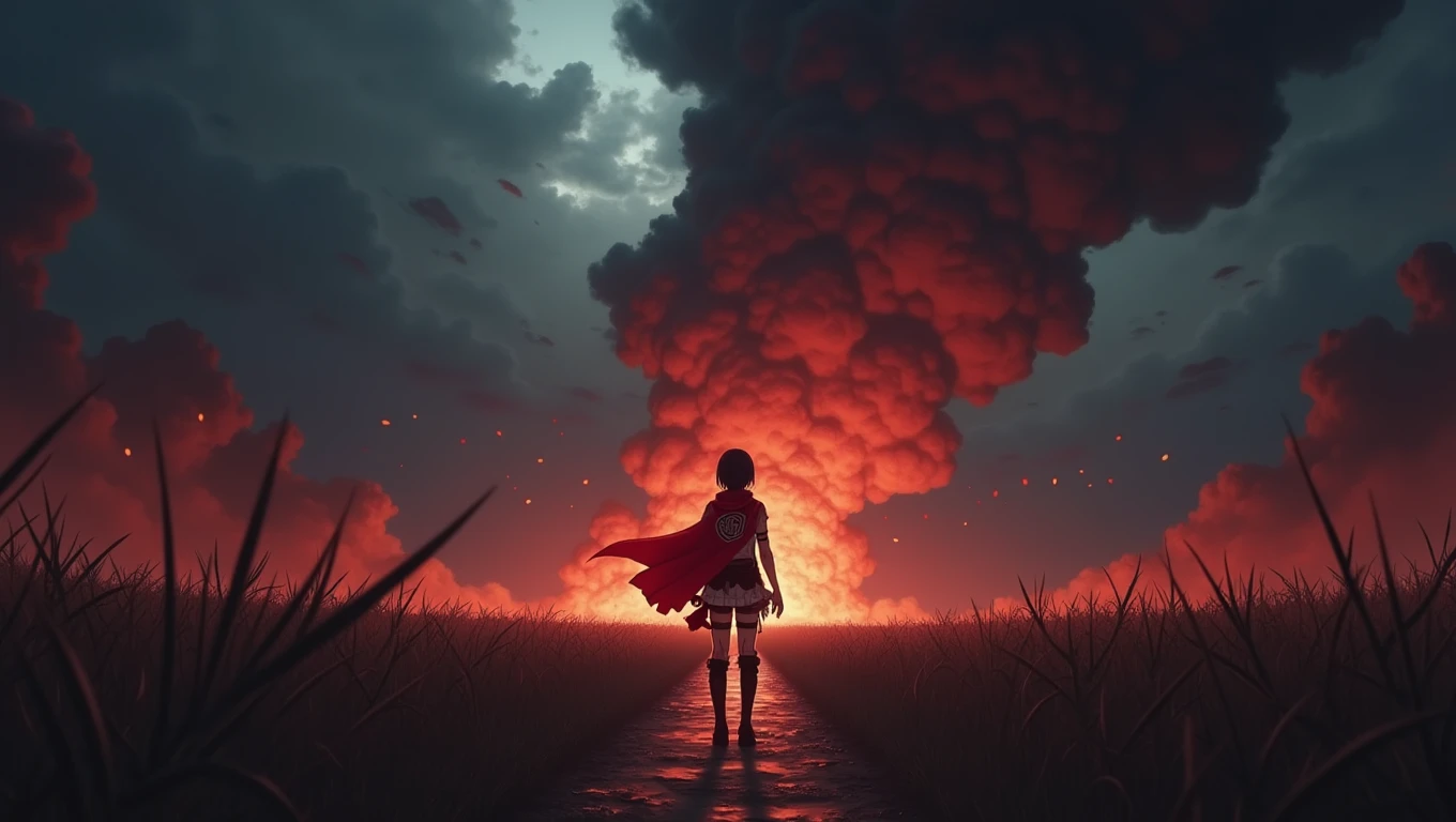 best quality,masterpiece,Ultra-high resolution, (Reality:1.4), RAW photos,Night,Smoke in the sky,There is blood all around,A battlefield full of,Attack on Titan style,No characters are added