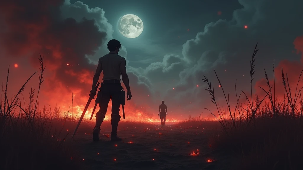 best quality,masterpiece,Ultra-high resolution, (Reality:1.4), RAW photos,Realistic style,Night,Smoke in the sky,There is blood all around,A battlefield full of,Attack on Titan style,No characters are added