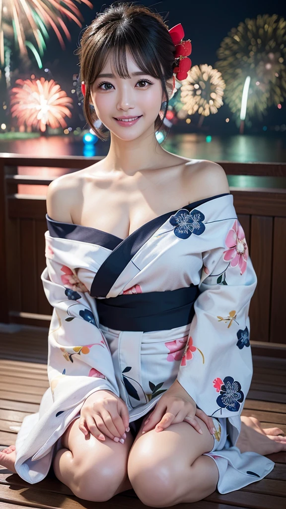 (Carp pattern yukata:1.2), (A pure and elegant girl:1.2), (Layered Hairstyles, Dark brown hair), Medium Long Hair, (whole body), (Big Breasts:1.1), (A shy smile:1.2), (Looking at the audience), (Fine dining Japanese restaurant with full moon view), masterpiece, highest quality, (Realistic, photo-Realistic:1.37), 8k, Highly detailed face and skin texture, Fine grain, double eyelid, Pale Cheeks, Wet eyes:1.2, Shiny little necklace and earrings, Glossy lips: 1.4, Fair skin:1.2, Beautiful Abs,