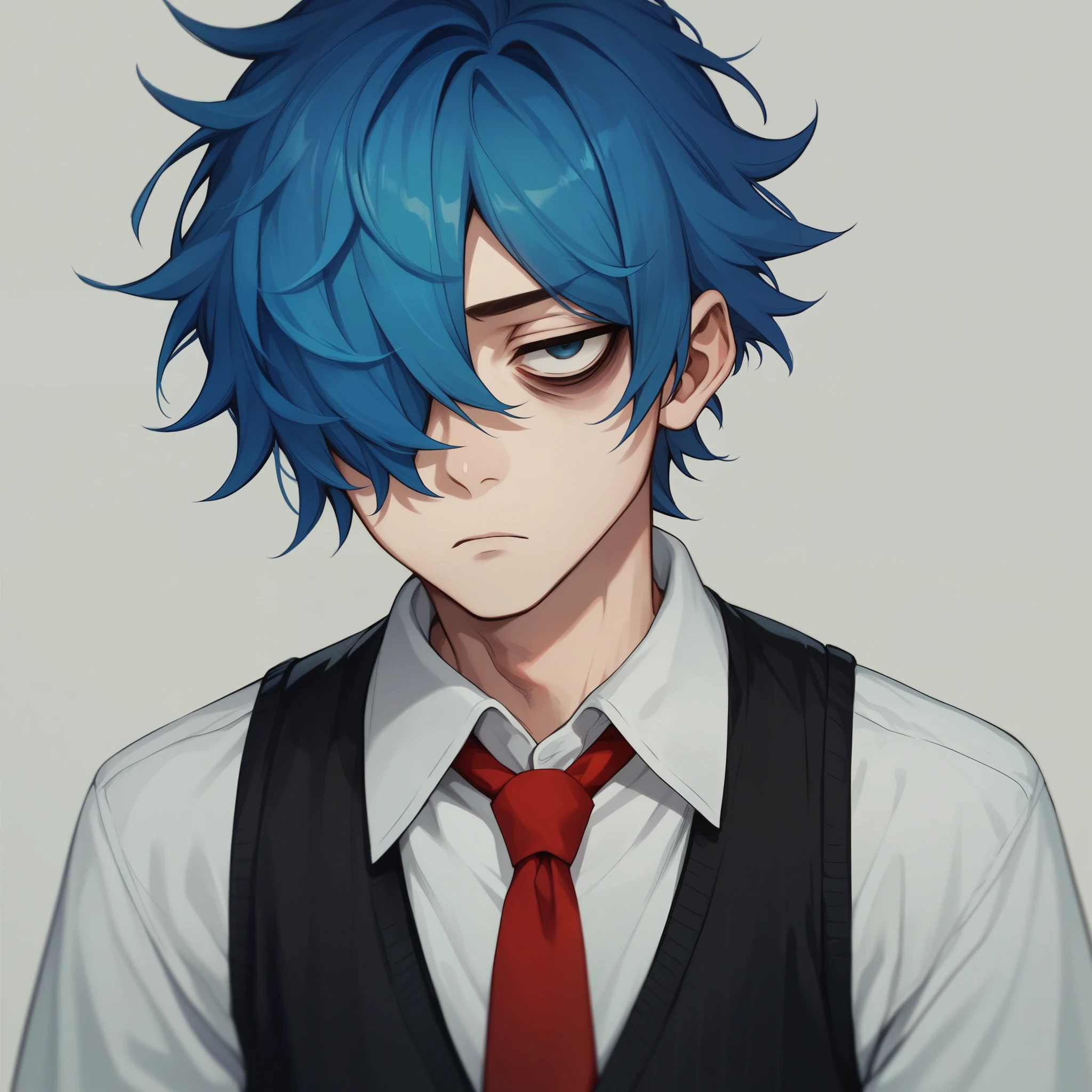 score_9,score_8_up,score_7_up, score_6_up, score_5_up,source_anime, a tall adult male, pale skin, shaggy deep blue hair, hair covering one eye, tired eyes, bags under eyes, wearing shirt and tie, vest,