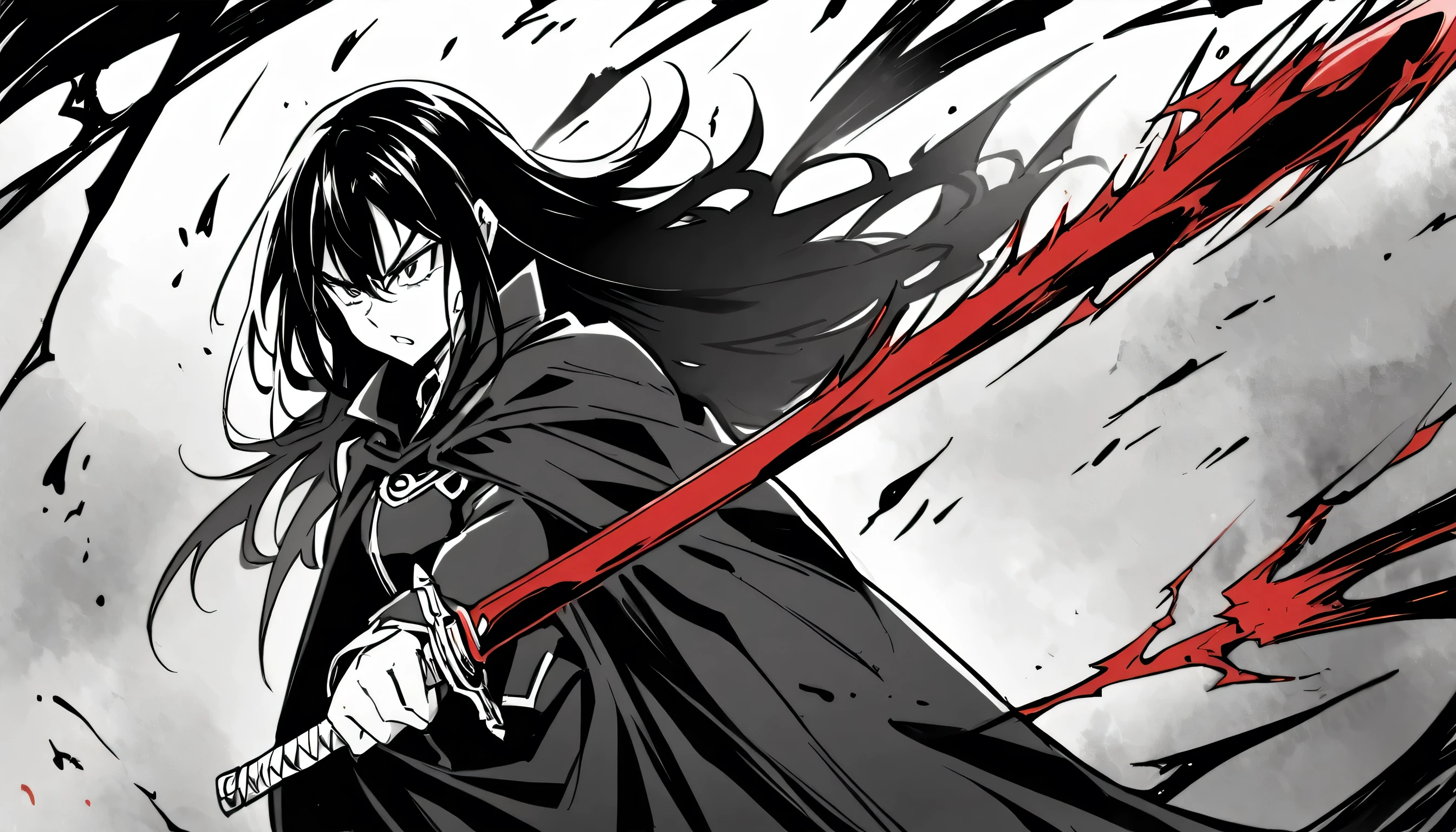 a girl in black cape with dark look slash her sword at right direction, blood angry, black and white manga image.