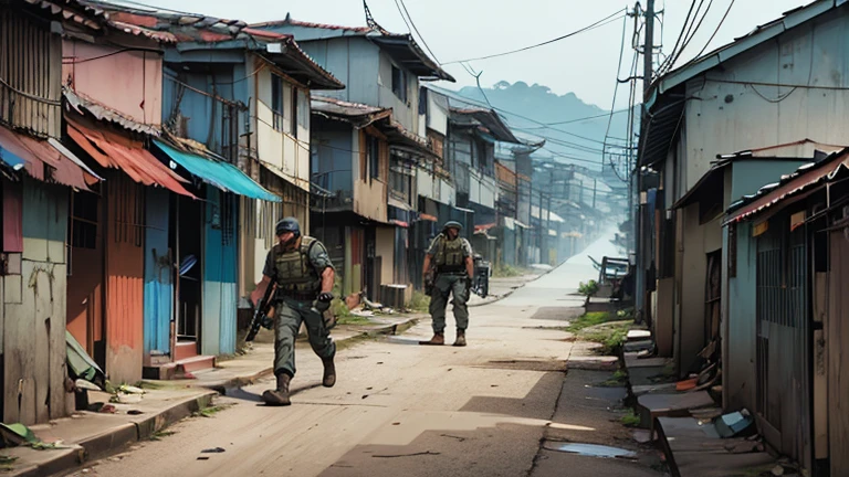 (high resolution), ((((american comics style)))), (Perspectiva Bottom-up), Armed traffickers, full bodies, walking armed, through Brazilian favelas, overcast day, (atmospheric perspective, from side).
