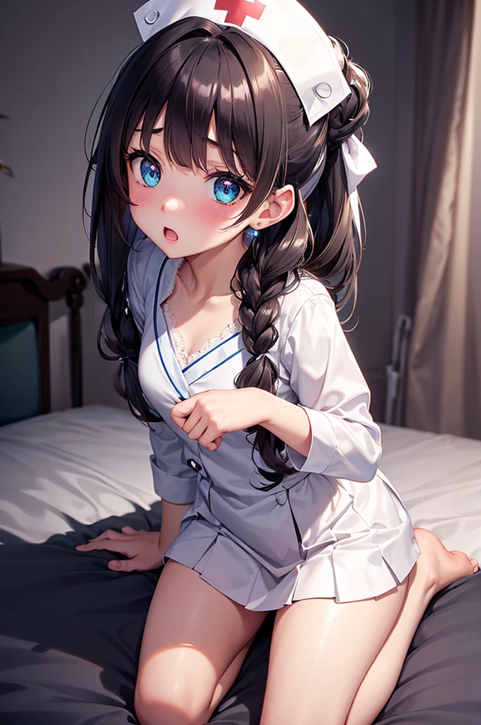 A beautiful girl dressed as a nurse kneeling on a bed using stethoscope, anime girl, (quite adorable magical nurse dress with brief pleated skirt and robe and nurse hat), white lace panties, white lace stockings, dark brown hair, bangs, french braid, long hair, ponytail, wavy hair, asymmetrical bangs, asymmetrical bangs, shiny hair, nurse cap, hairclip, hair ribbon, aqua eyes, glowing eyes, pupils sparkling, earrings, open mouth, embarrassed, blush, nervous, surprised, glossy lips, worried, high detail, anime, anime style, depth of field, cinematic lighting, dithering, image fill, first-person view, dutch angle, from behind, (rear view), from below, (whole body), atmospheric perspective, perspective, Wide-Angle, f/1.8, 85mm, Nikon, 8k, super detail, UHD, retina, masterpiece, accurate, anatomically correct, textured skin, high details, best quality, highres